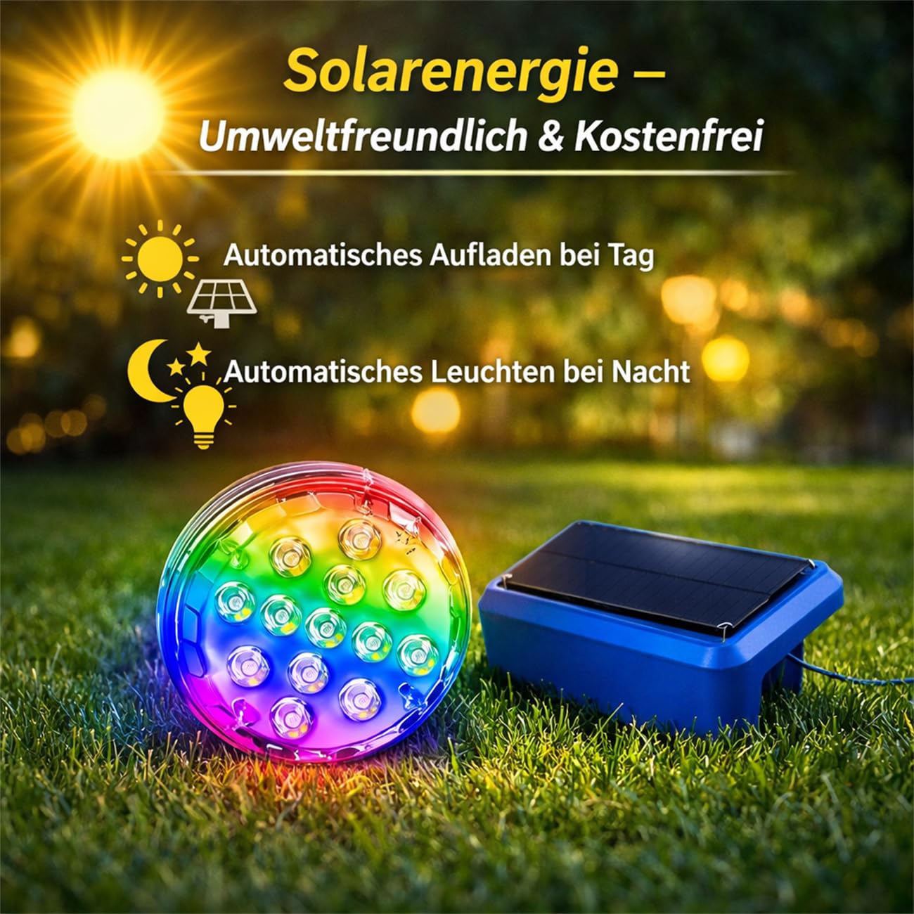 MEIION Solar RGB Gartenleuchte mit Fernbedienung, IP68 Wasserdicht, 13 LEDs, Solar Pool Licht für Außen, Teich, Terrasse, Balkon, Farbwechsel, 8+ Stunden Leuchtdauer, 1800mAh Akku