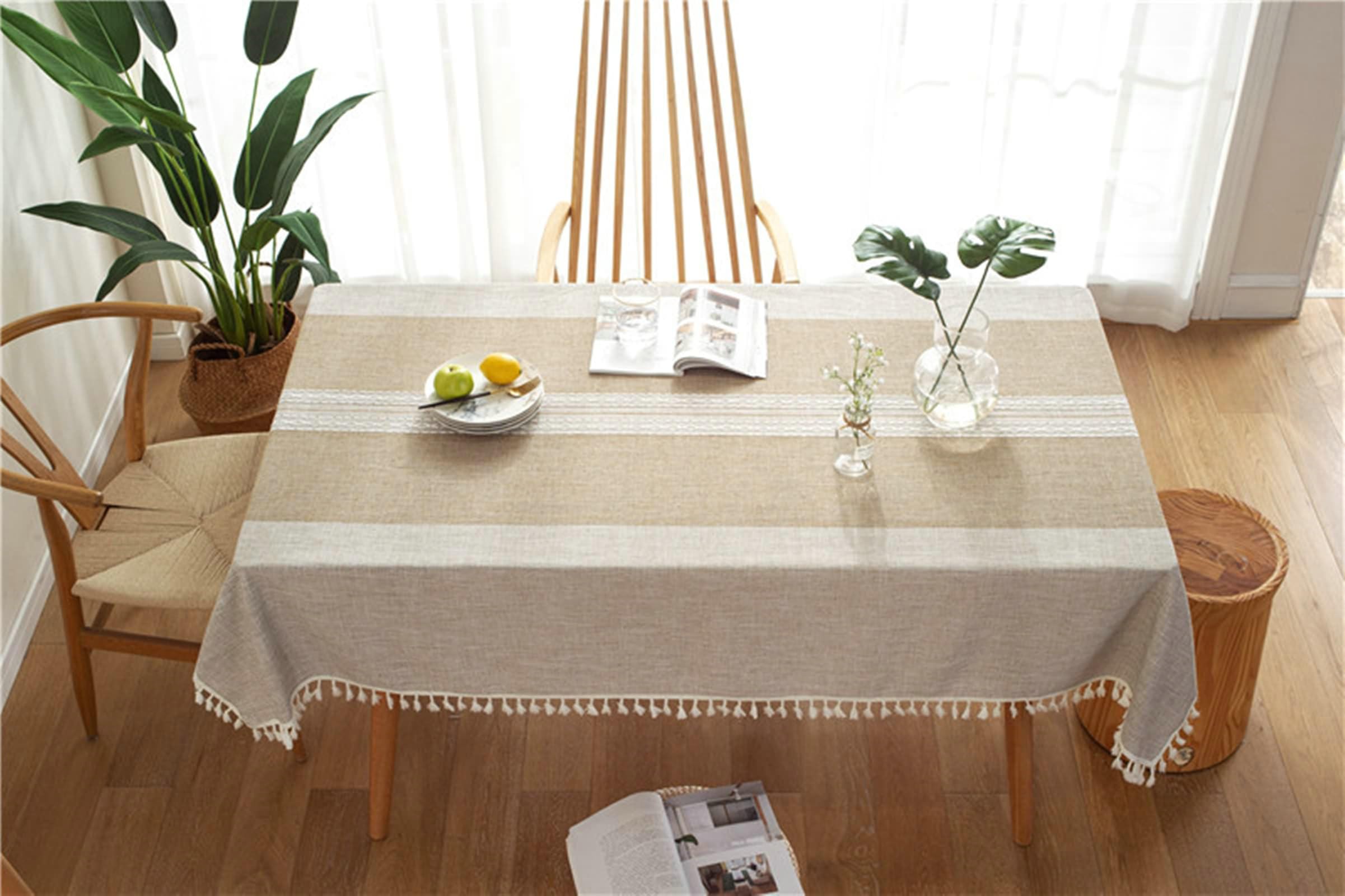 Gualiy Mantel de Cocina Rectangular, Poliéster Algodón Manteles Mesa de Cafe 140x100CM Mantel Antideslizante Cocina Rayas con Borlas Mantel para Mesa Salon, Caqui