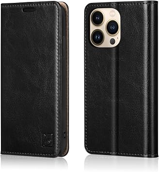 Belemay iPhone 15 Pro Max Case Wallet Genuine Leather - RFID Blocking Card Holder - Shockproof TPU Shell - Kickstand - Durable Flip Cover Book Folding Smartphone Case for Women Men 6.7 inch Black