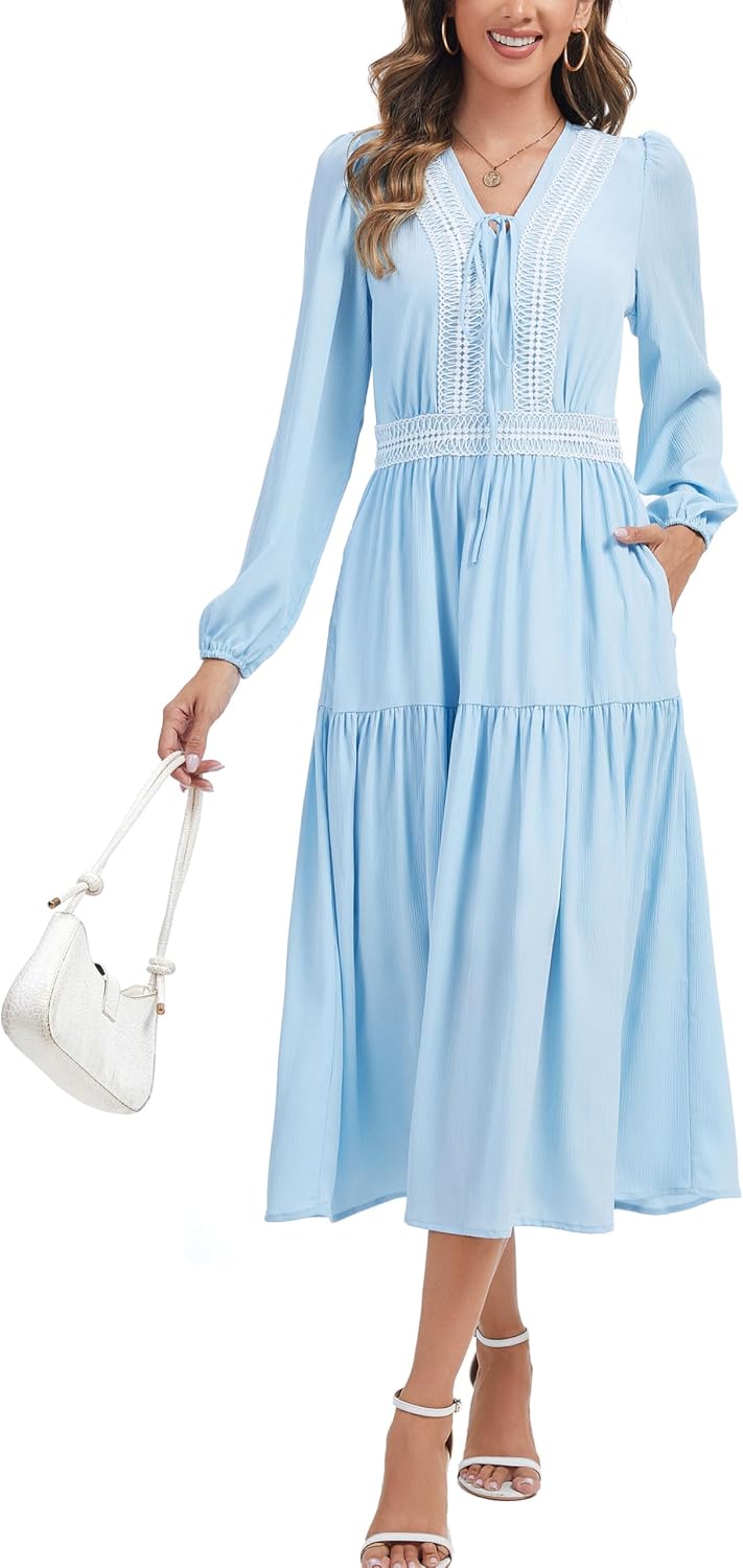 Kormei Womens Boho Long Sleeve Maxi Dress V Neck Empire Waist Fall Wedding Guest Dresses Casual with Pockets - Image 3