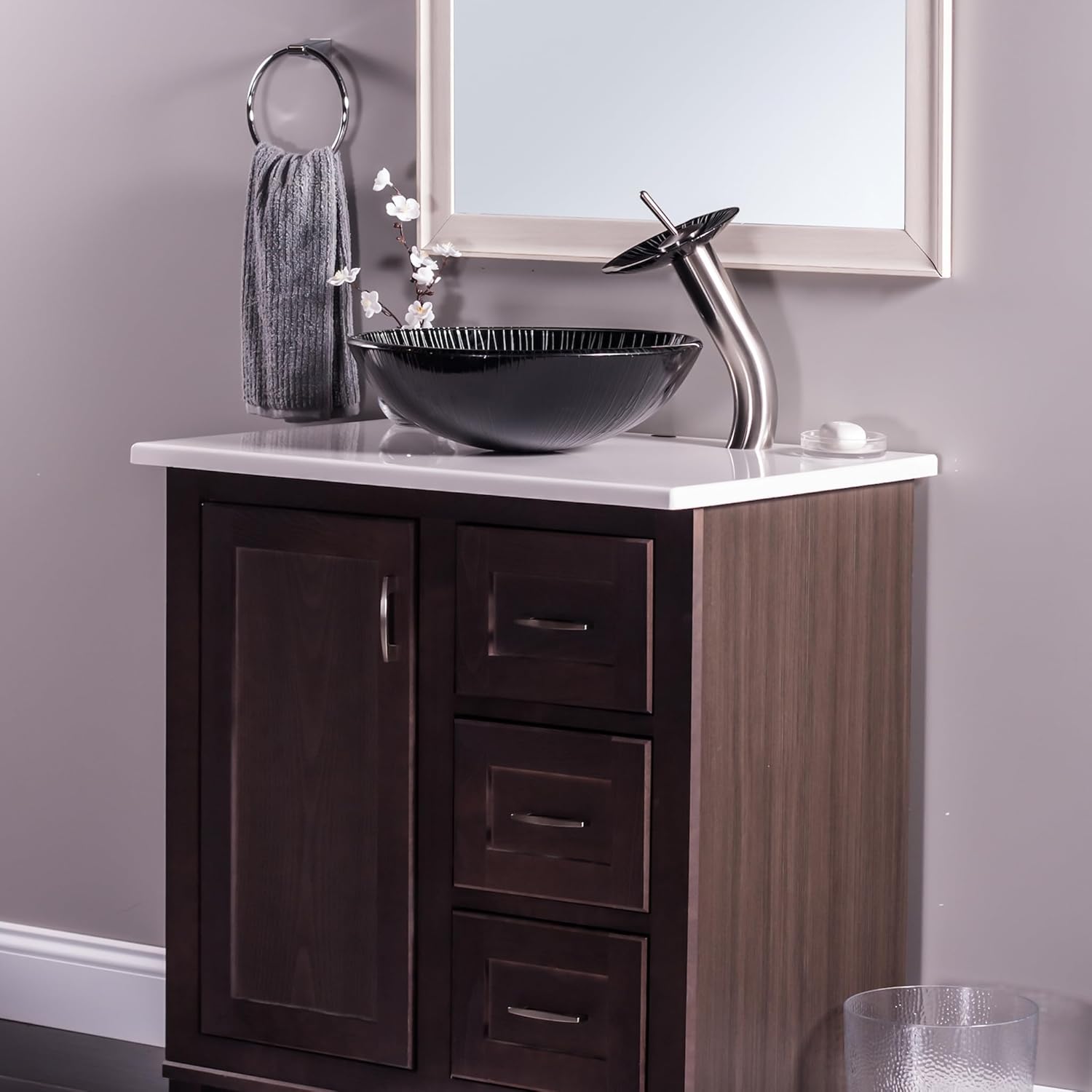 Novatto GODERE Glass Vessel Bathroom Sink Set, Brushed Nickel