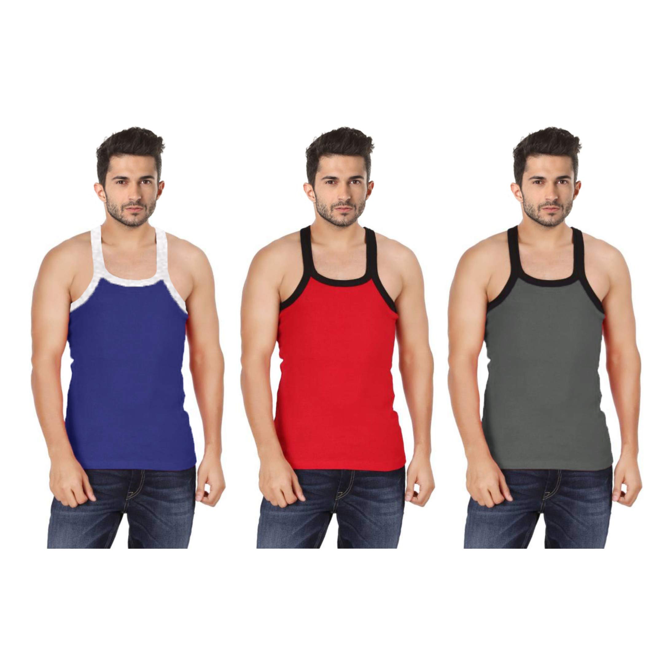 Knito Men's Cotton Gym Vest (R.Blue,Red & S.Grey)-Combo of 3