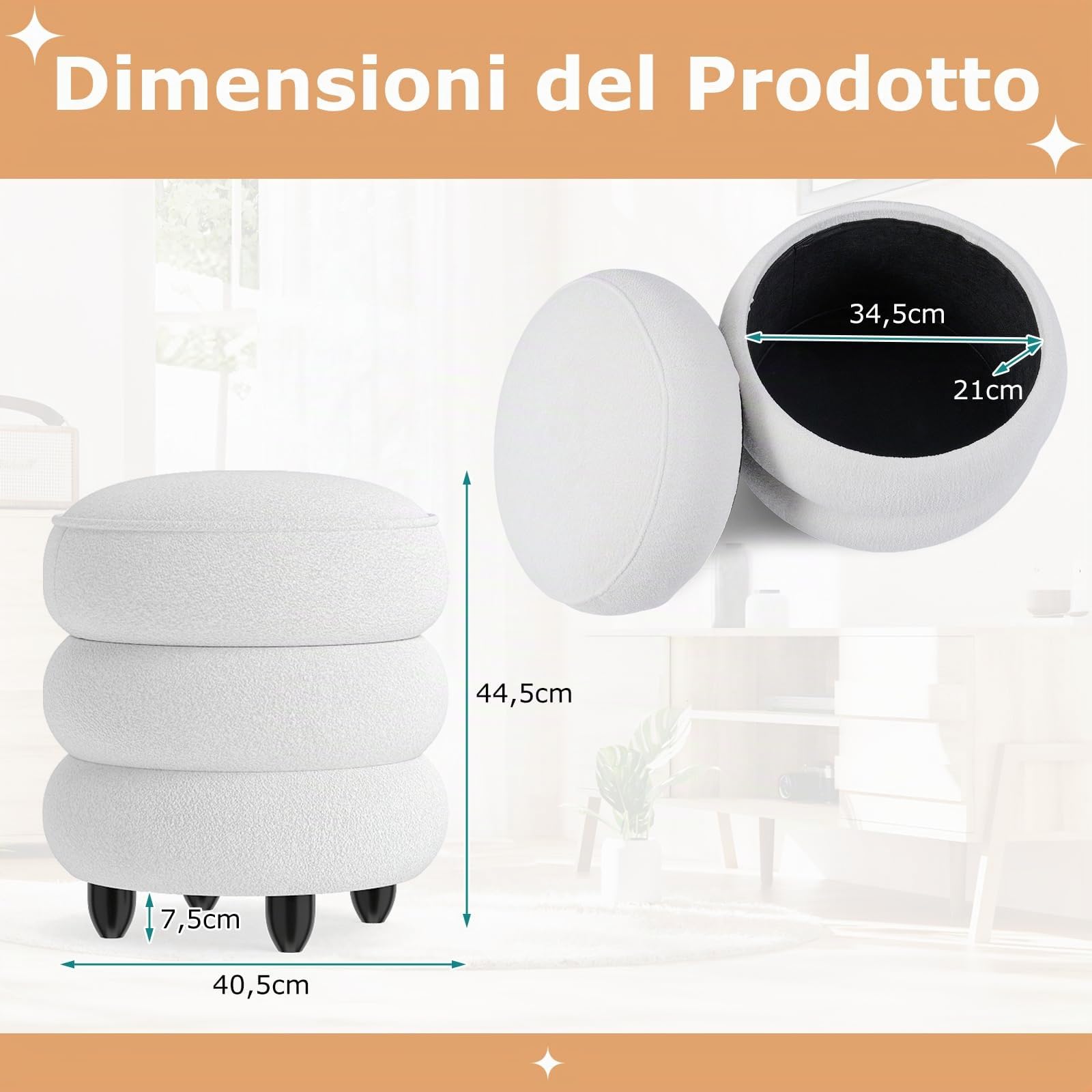 COSTWAY Pouf Contenitore Rotondo 20 L, Ottomano con Coperchio Rimovibile, Sgabello da Trucco con Gambe in Legno di Gomma, Portata 150 kg, per Camera da Letto e Salotto