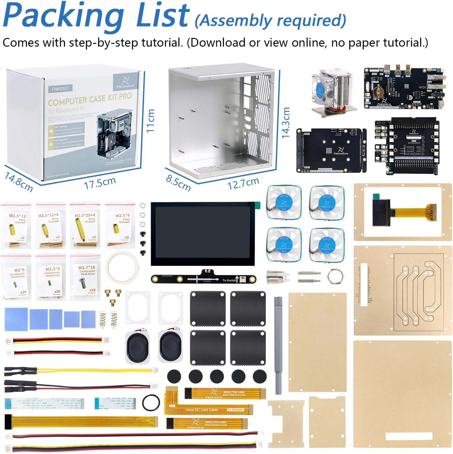 FREENOVE Raspberry Pi 5 Case Kit Pro, Dual M.2 NVMe SSD Slots, 5 PWM ARGB Fans Light Sync, CPU Tower Cooler, 4.3" Touchscreen, Stereo Speakers, 3.5 mm Audio (SSD NOT Included)
