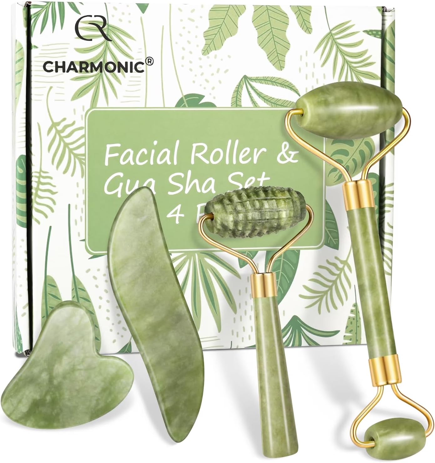 4-pcs Jade Roller & Gua Sha Set, Facial Roller Massager with Gua Sha Scraping Tool, Jade Stone Massager for Anti-aging, Slimming & Firming, Rejuvenate Face and Neck, Remove Wrinkles & Eye Puffiness