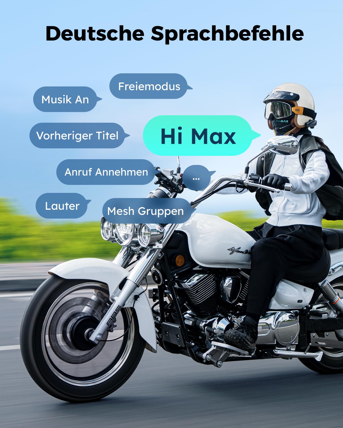 ASMAX S1 Motorrad Bluetooth Headset, Mesh Intercom für 8 Fahrer, Bluetooth 5.4 Helm Gegensprechanlage mit Sprachsteuerung/CloudTalk für 50 Fahrer/FM Radio/Schnellladung/Musik Teilen, Einzelpack