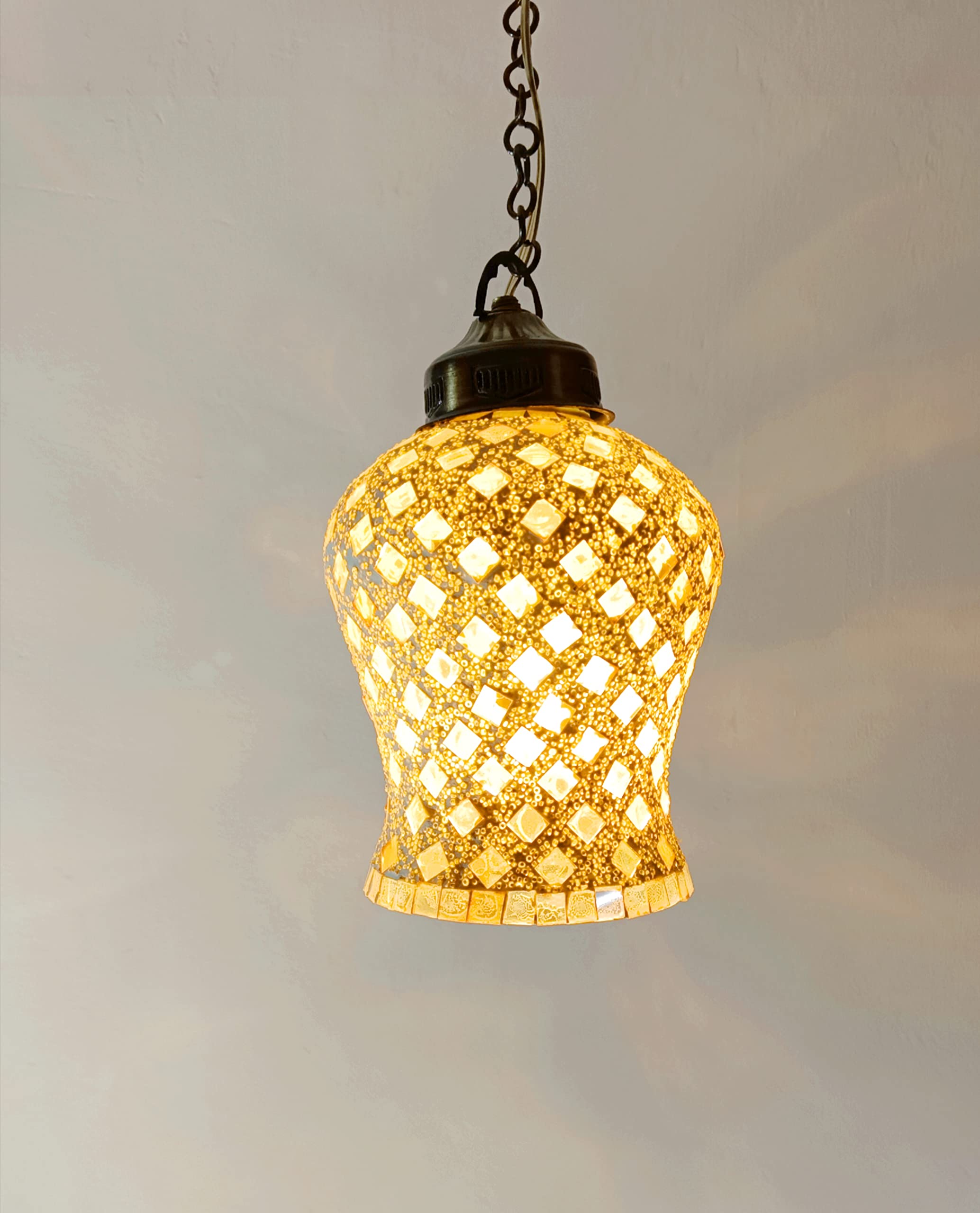 Glass Shade with Brass Chain Fitting Hanging Ceiling Lamp for Indoor & Outdoor Lighting | Mosaic Luster Color Decorative Pendant Light for Living Room, Balcony, Café & Hallway-image-35