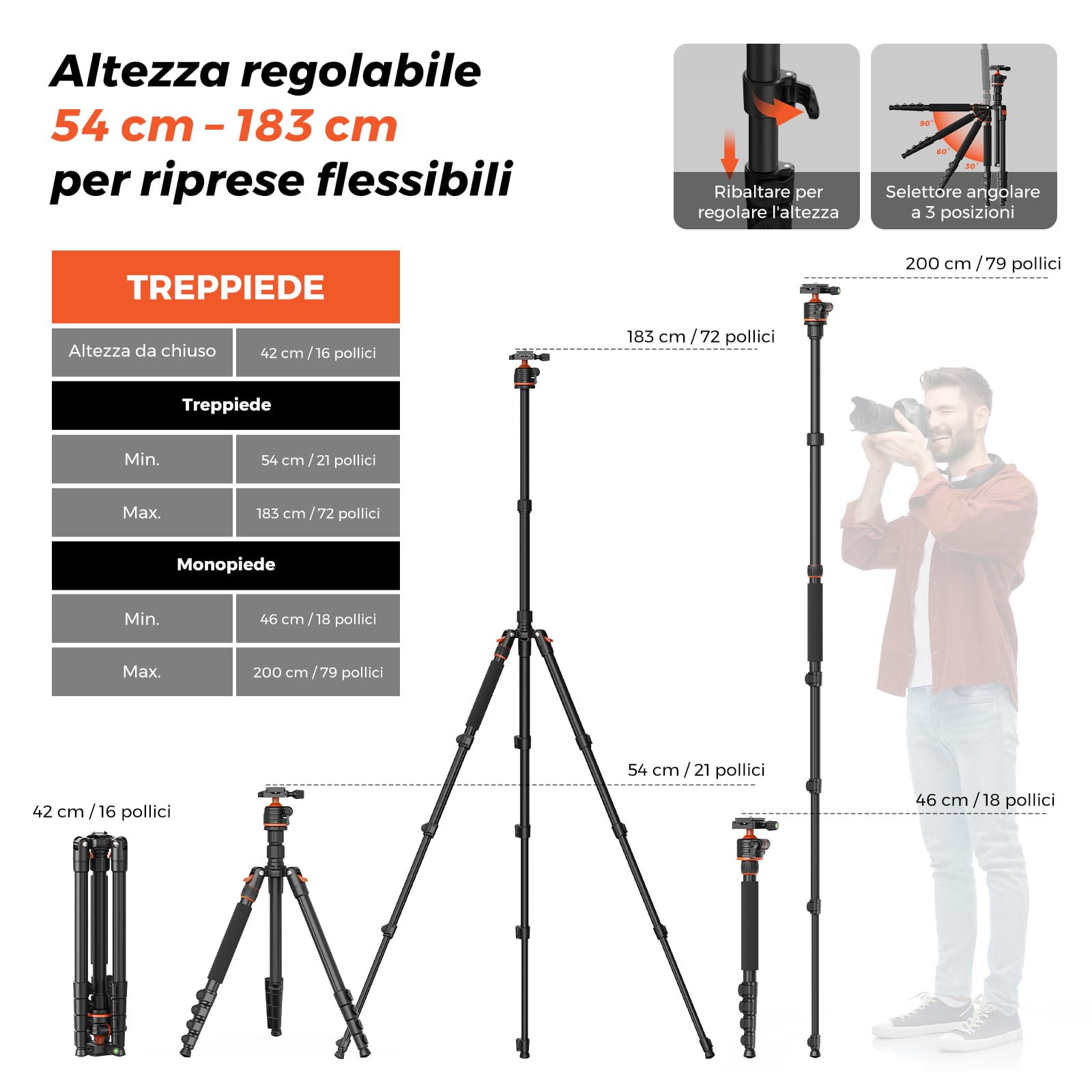 Treppiede per fotocamera da 54-183 cm con testa a sfera a 360°, in alluminio, portata 4 kg, per DSLR, fotografia, video, streaming live