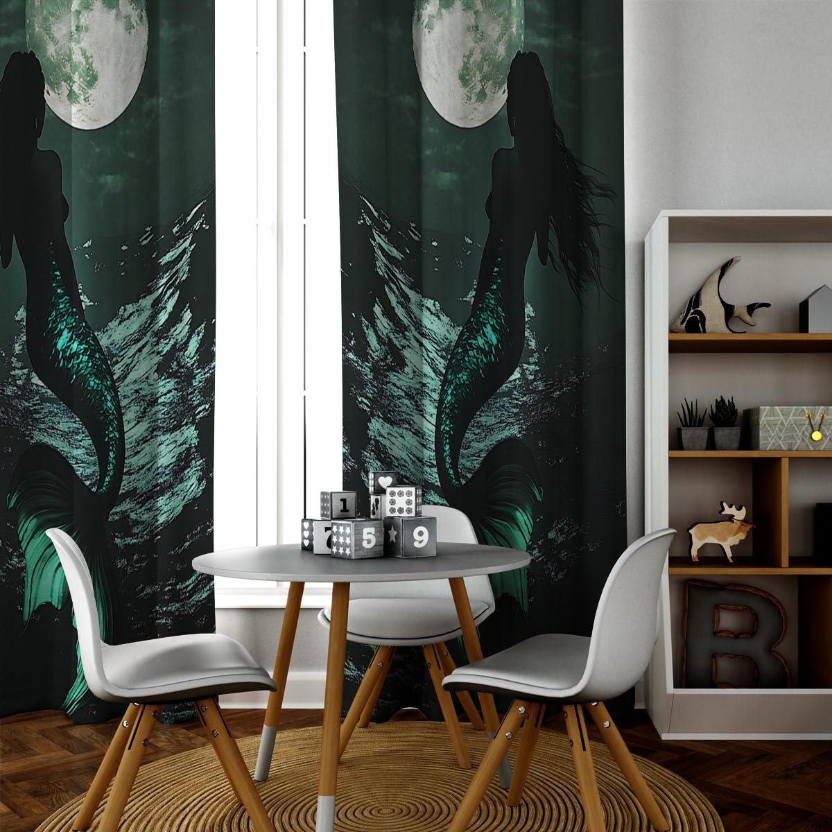 Estetyczny design zasłony okienne Night Ocean wzór syrenki, izolujące ciepło, zasłony zaciemniające do drzwi przesuwnych na taras, 2 panele, szer. 117 x wys. 137 cm