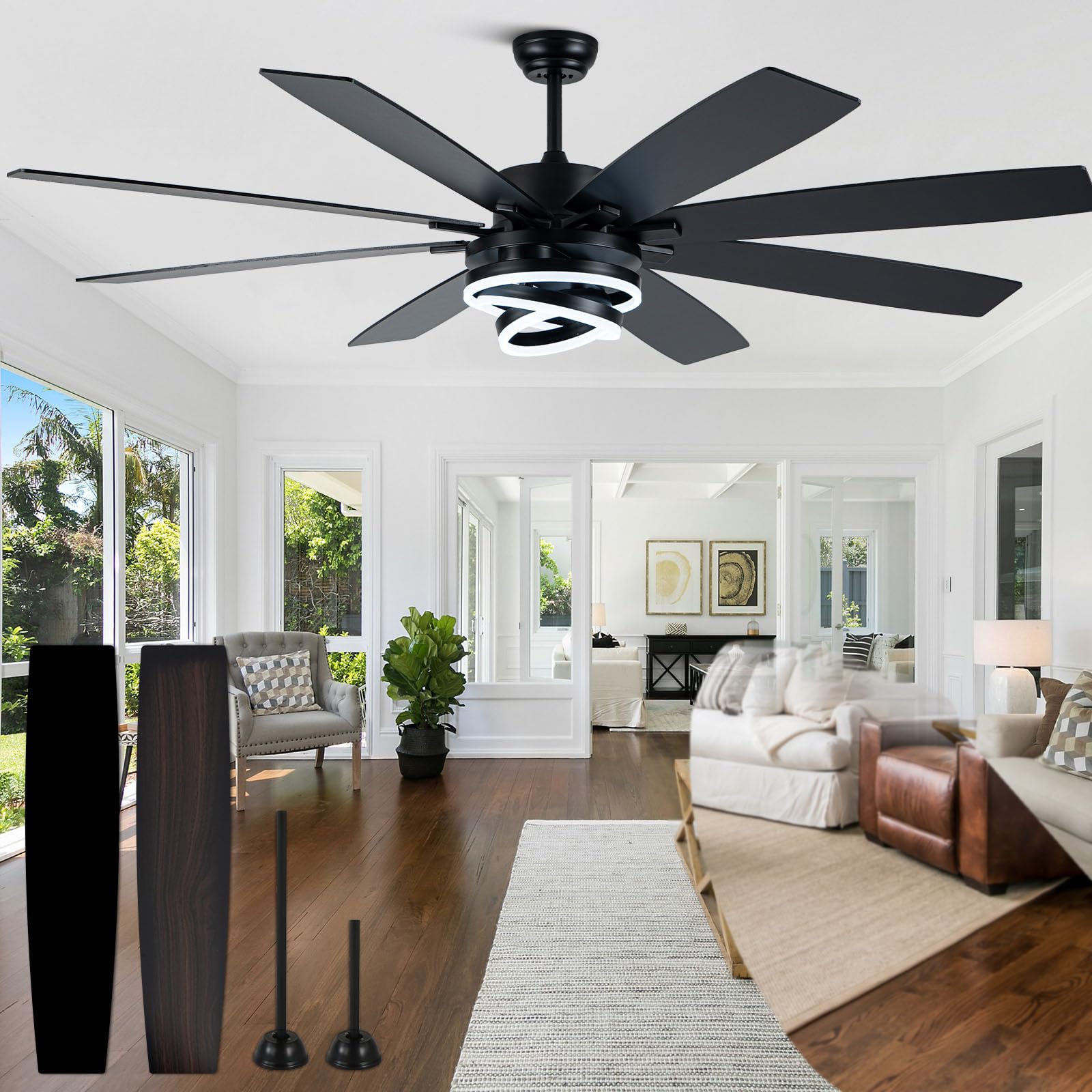 Curve Curio Black Ceiling Fans with Lights and Remote, 72 Inch Indoor/Outdoor Large Modern Ceiling Fan for Living Room Kitchen, Dimmable, 6 Speed