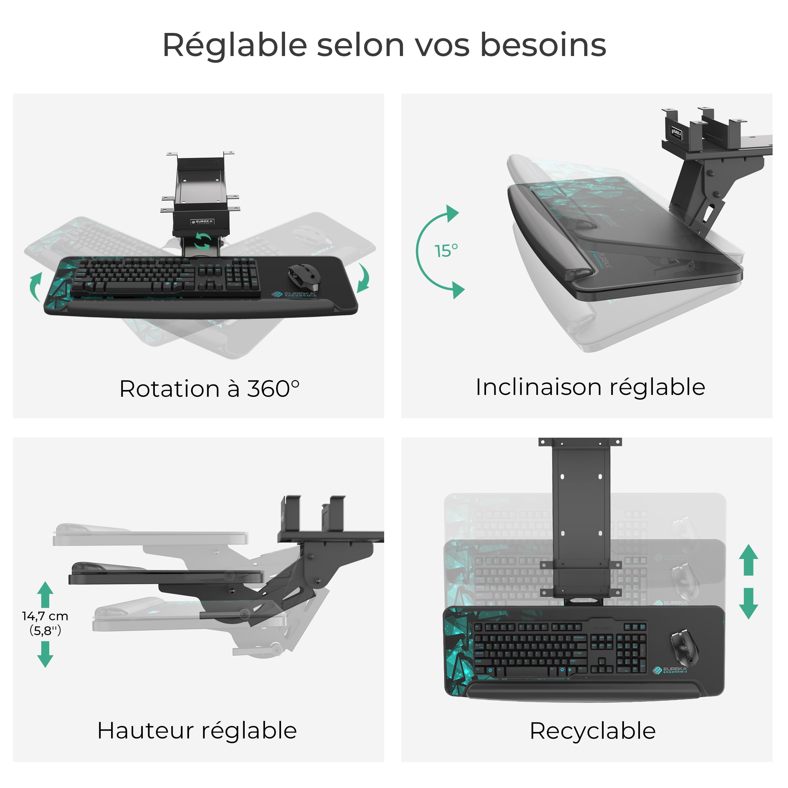EUREKA ERGONOMIC Plateau de Souris et Clavier réglable en Hauteur sous Le Bureau, Grand tiroir Noir Coulissant pivotant pour Clavier d'ordinateur avec Tapis de Souris pour Jeu, Bureau à Domicile