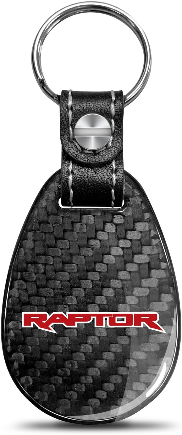 iPick Image for Ford F-150 Raptor in Red Real Black Carbon Fiber with Leather Strap Large Tear Drop Key Chain - Official Licensed