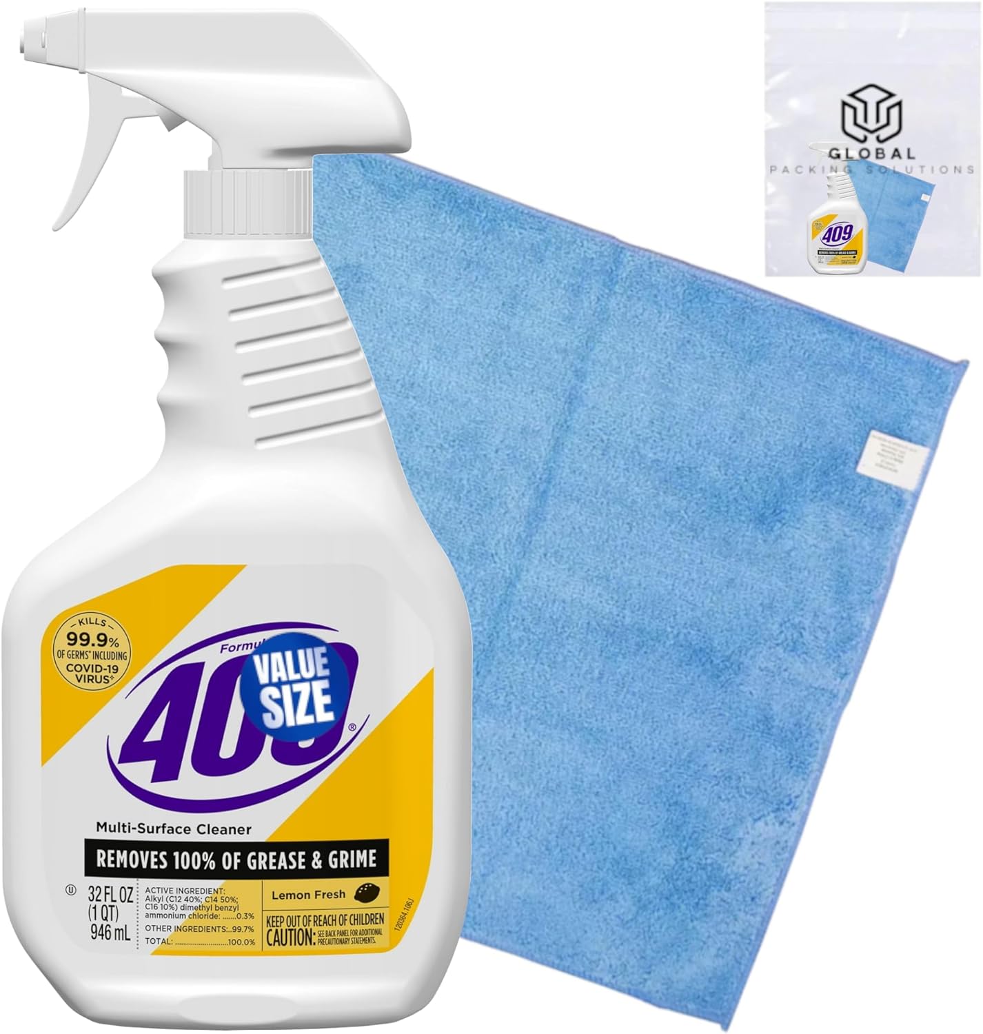 409 Multi-Surface Antibacterial Cleaner Degreaser Spray 32 Fl Oz, Lemon Scent, Kills 99.9% of Germs and Viruses bundled with Microfiber Cleaning Cloth