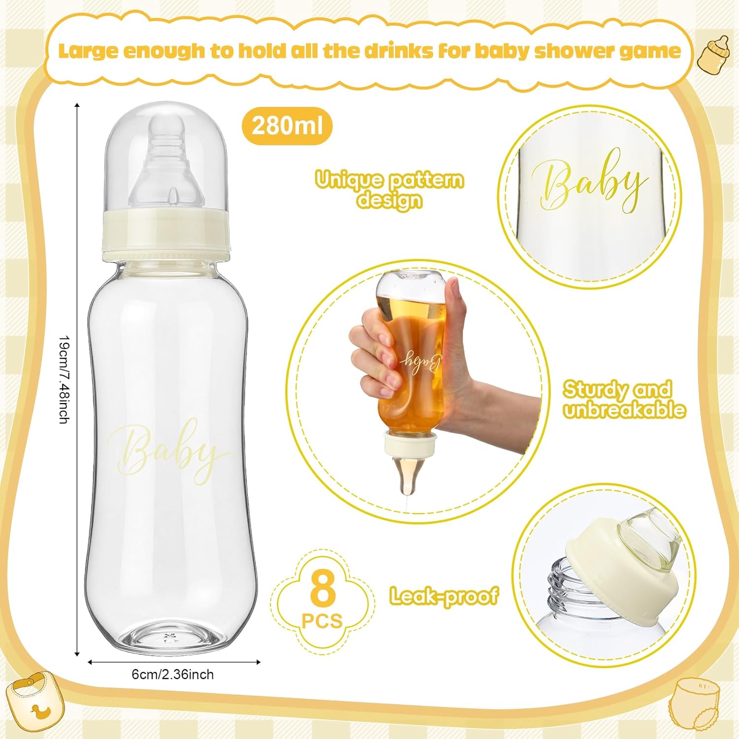 8 sets bottle chug baby shower games juegos para plastic baby bottles bibs disposable diapers gender reveal games baby changing diaper race game decoration (beige) beige 8