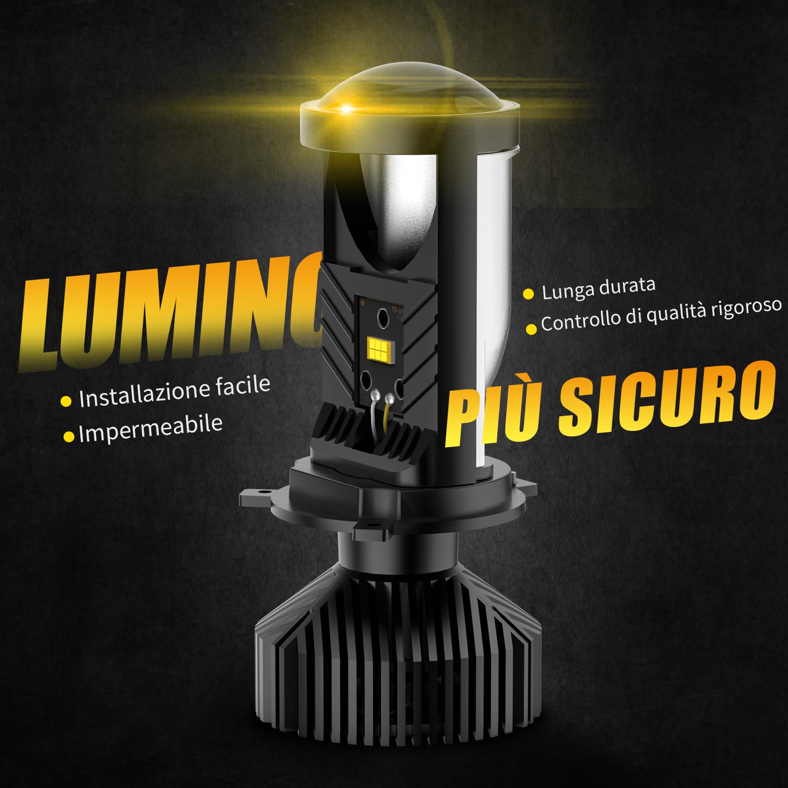 Fari a LED H4 con lente mini proiettore, adatti per guida a sinistra, dotati di sistema EMC Canbus, luminosità di 12000 lumen e luce bianca a 6500K.