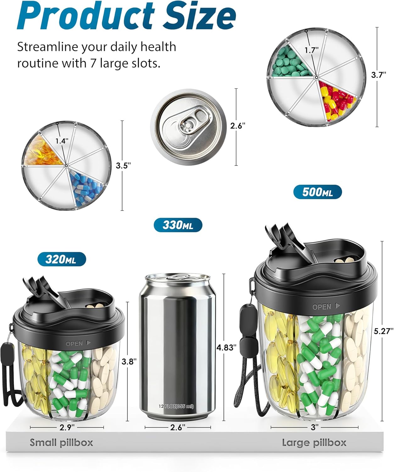 Large Pill Organizer with 7 Large Compartments - Portable Pill Dispenser for Travel, Anti-Mix Design & Wide Opening Design, Easy Access to Vitamin Dispenser, Includes 20 Blank Stickers (Black)