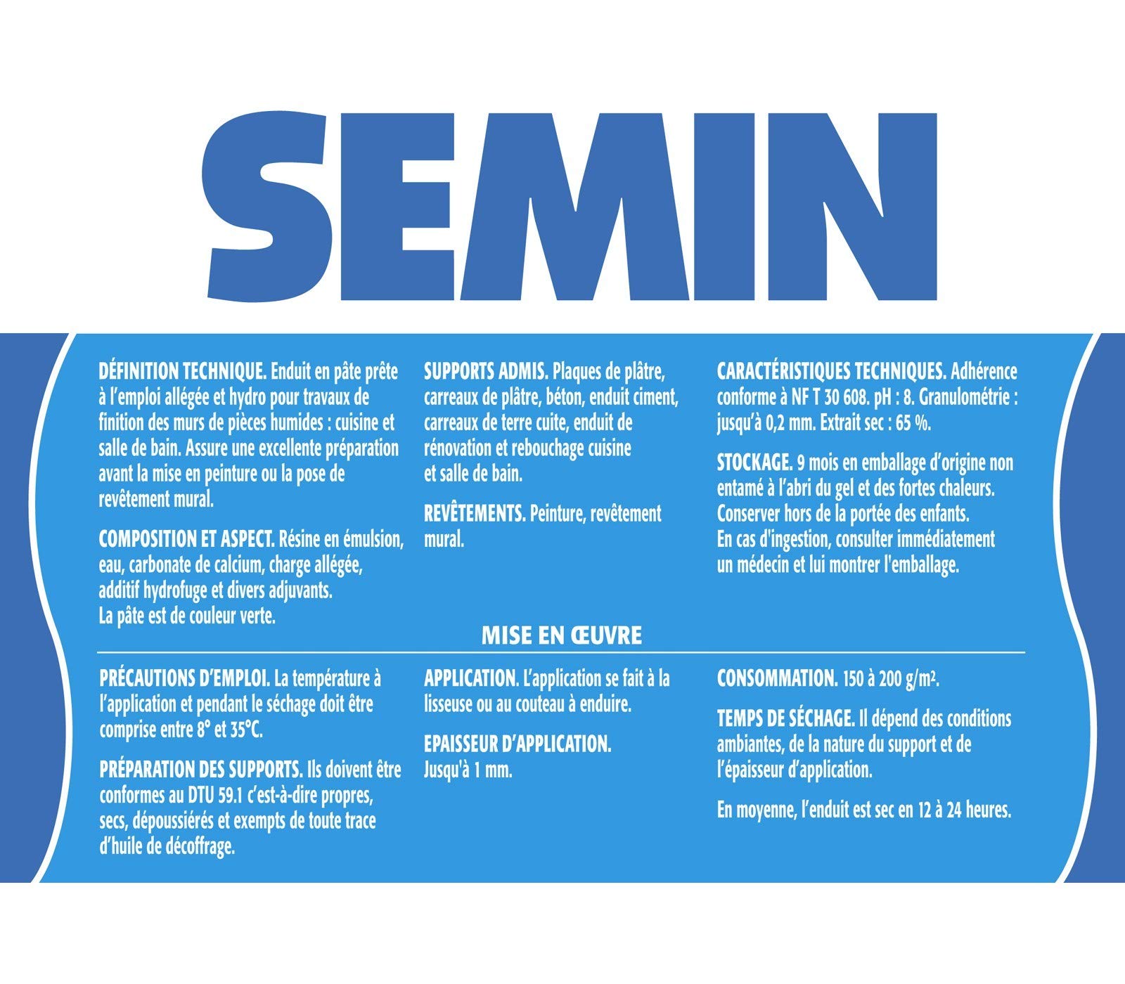 Semin A04736 Enduit de Lissage Cuisine et Salle de Bains, Adapté aux Pièces Humides, Seau de 5 kg (Lot 2), A06318 Lame CE 78 pour Enduire et Lisser, 15 cm et A04903 Raclette à Lisser
