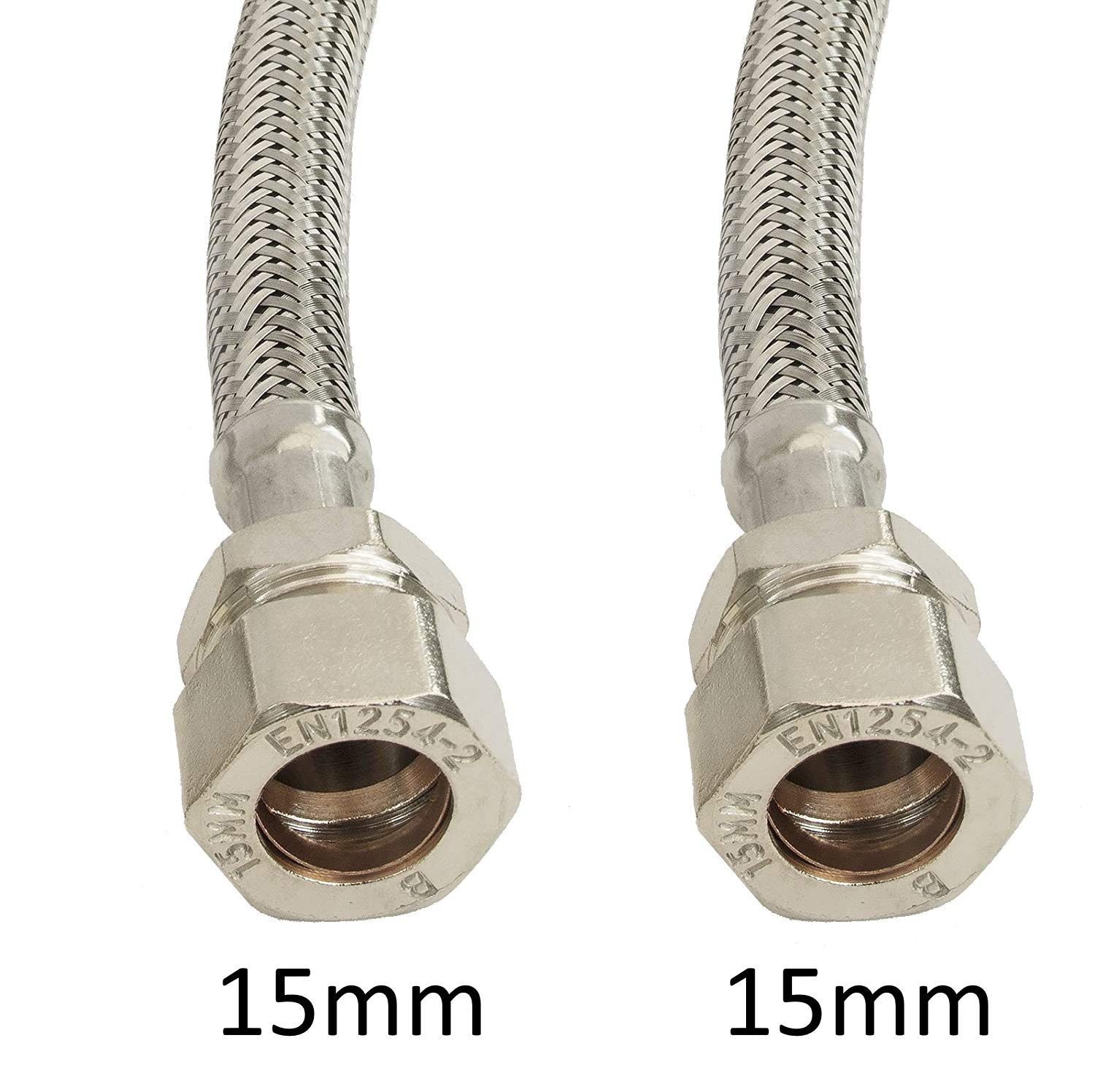 Flexible MonoBloc Tap Connectors Tails M12 x 15mm Compression x 300mm MonoBlock, Chrome / Stainless Steel, 15mm x 12mm - Image 2