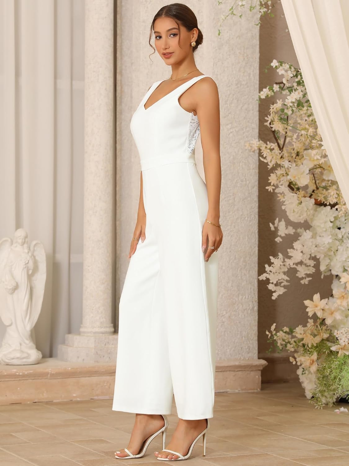 Women's Sleeveless Jumpsuits for Cocktail V Neck Lace Backless Wide Legs Formal Evening Jumpsuit - Image 2