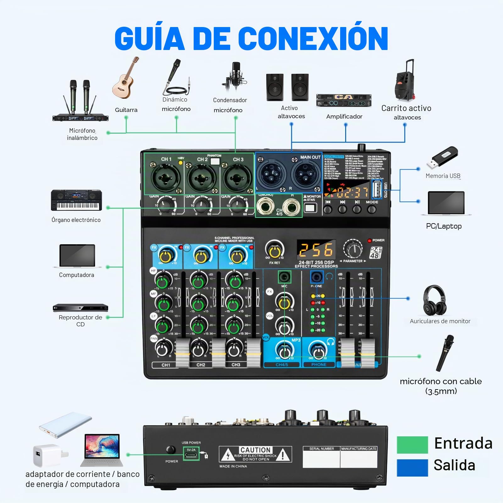 Depusheng BF6 Mezclador de audio profesional, efectos digitales, DSP de 256 bits, USB, Bluetooth, MP3, mezclador de DJ para computadora, interfaz de entrada de 5 canales con alimentación fantasma