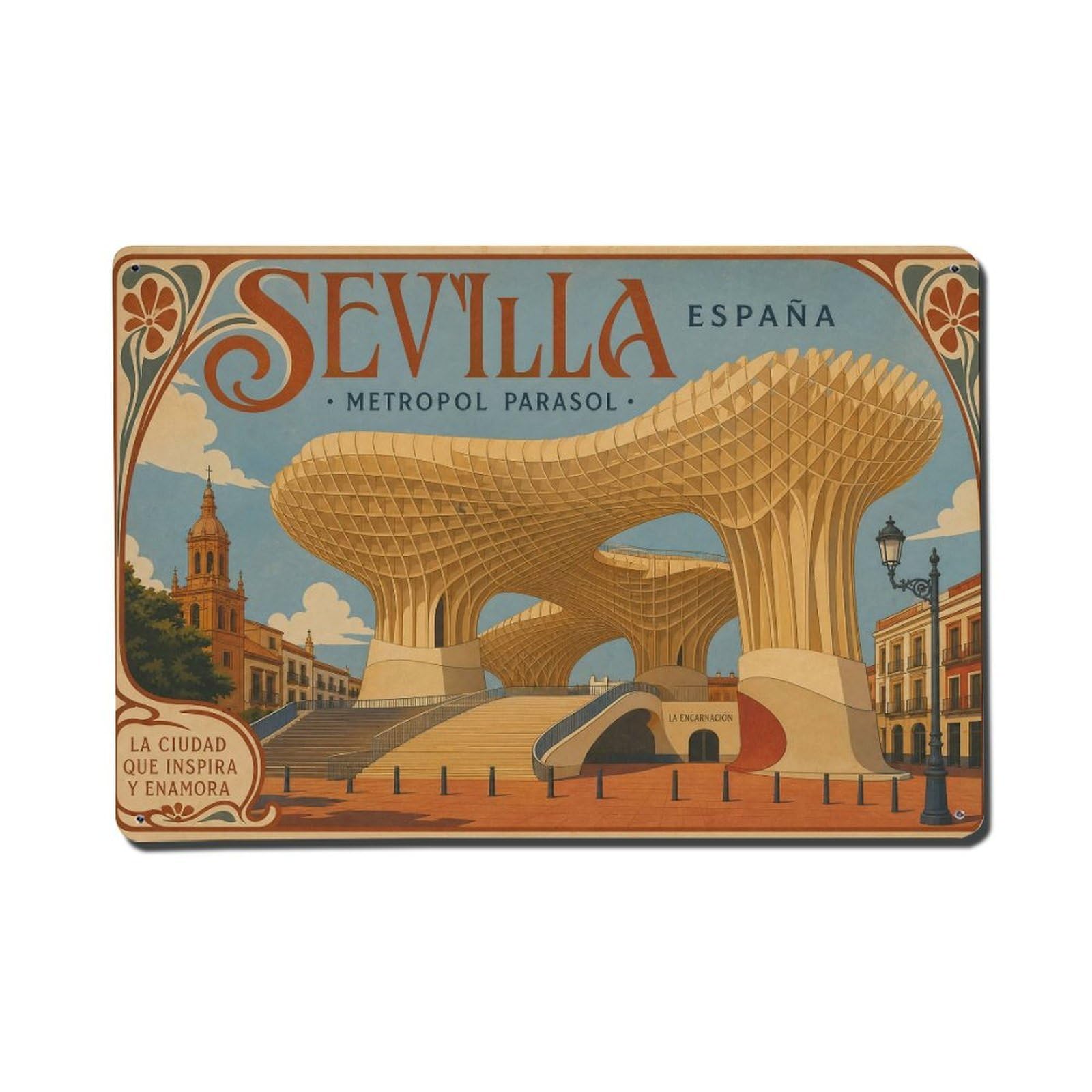 Vintage Travel Metropol Parasol Seville Wooden Structure Metal Tin Sign Wall Decor for Cafe, Club, Garden Metal Poster 8x12Inch