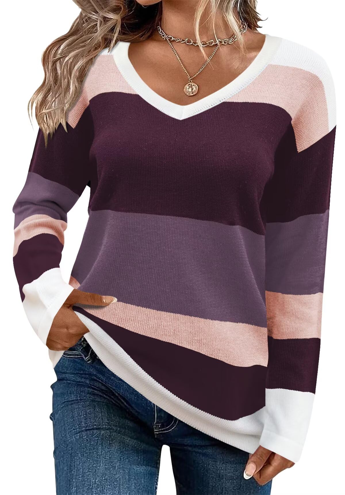 FEKOAFE Womens V Neck Sweaters Casual Pullover Sweaters for Women 2025 Trendy