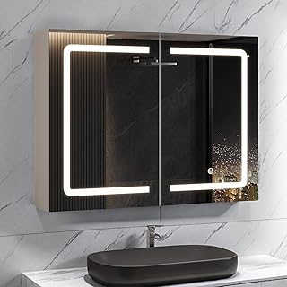 Badezimmerschrank mit Spiegel und Beleuchtung, Doppeltüren, 80 x 60 x 14 cm, Spiegelschrank mit Verstellbarem Regal, Farbtemperatur Verstellbar, Schalter mit Touch-Sensor(Weiß, 80x60x14)