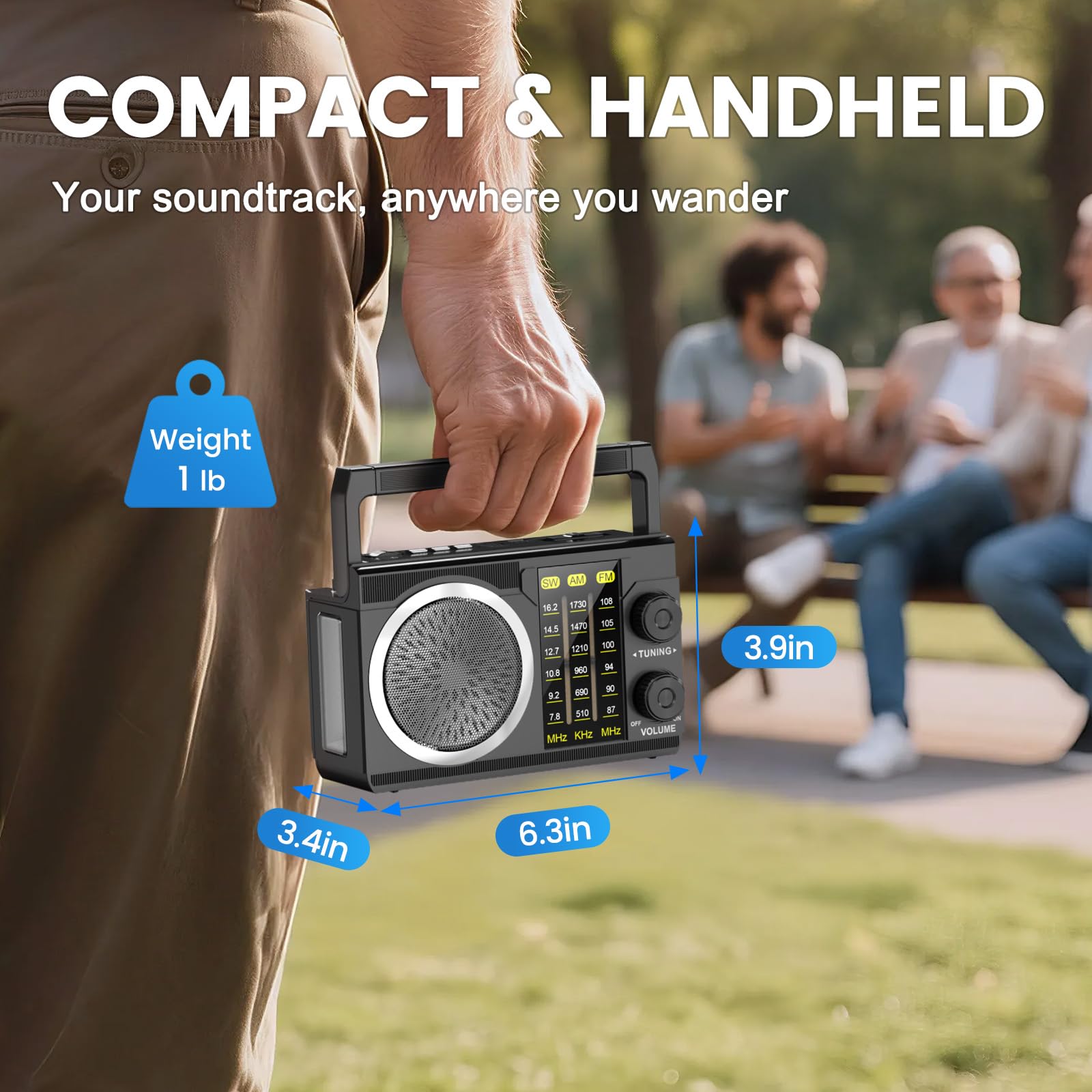 PRUNUS J-135 Radio Portatil Pequeña FM/Am/SW, Radio Solar y Recargable de 1800mAh, o Funciona con 4 Pilas AA, Transistor Radios con Bluetooth 6.0, Reproductor USB/TF, Fácil de Usar.