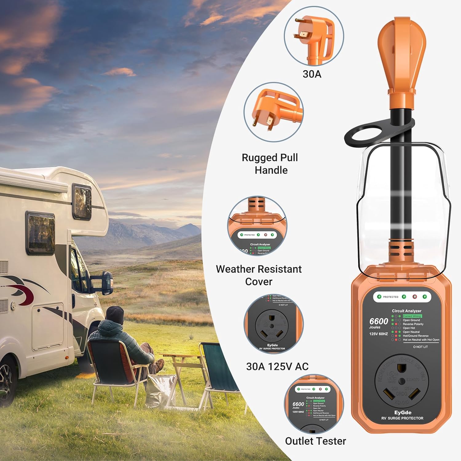 EyGde 50 Amp to 30 Amp RV Adapter with Surge Protector+RV Surge Protector 30 Amp with Waterproof Cover RV Circuit Analyzer Voltage Protection Power Guard for RV Camper Travel Trailer