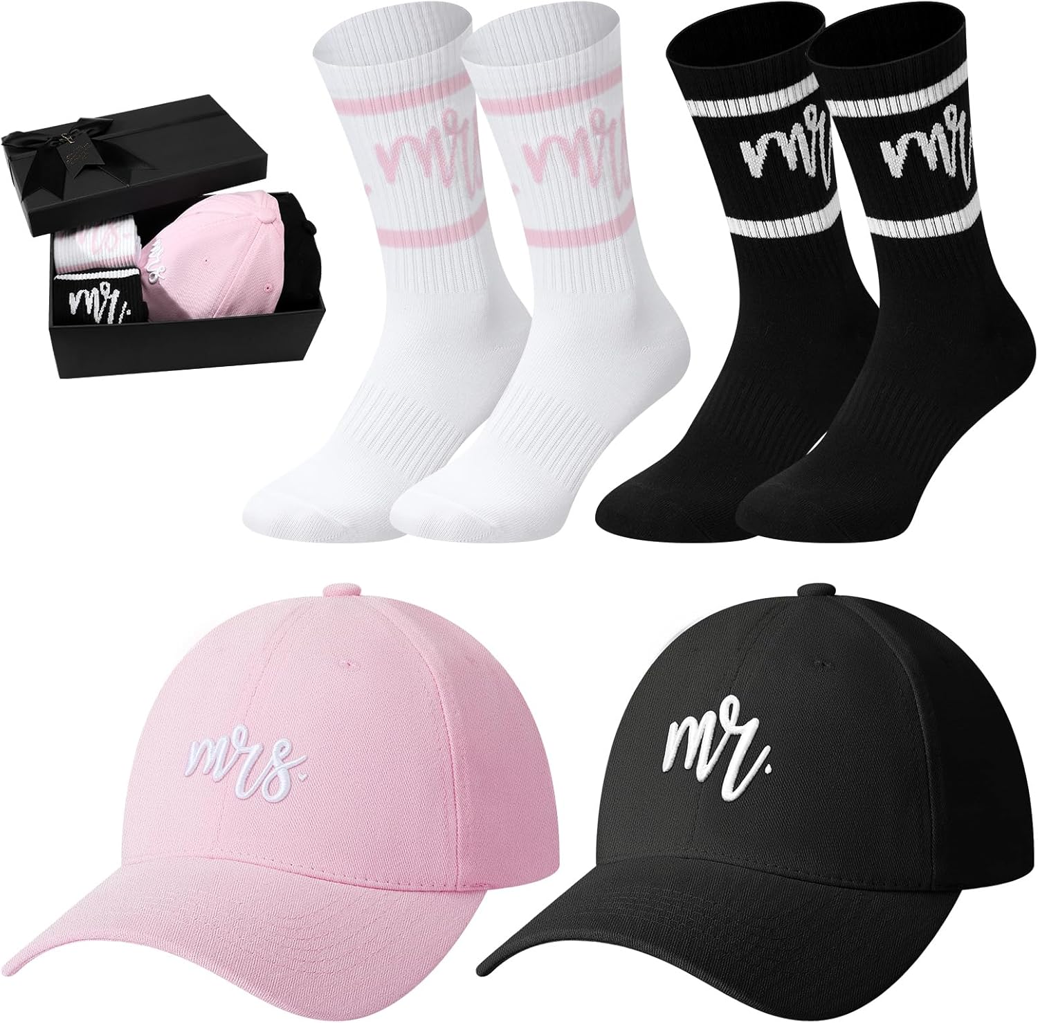 Eurzom 5 Pcs Mr and Mrs Gifts Embroidered Baseball Caps Mr and Mrs Crew Socks Bride and Broom Gift Box Set for Couples Newlywed Honeymoon Bridal Shower Engagement Wedding Favors - Image 7