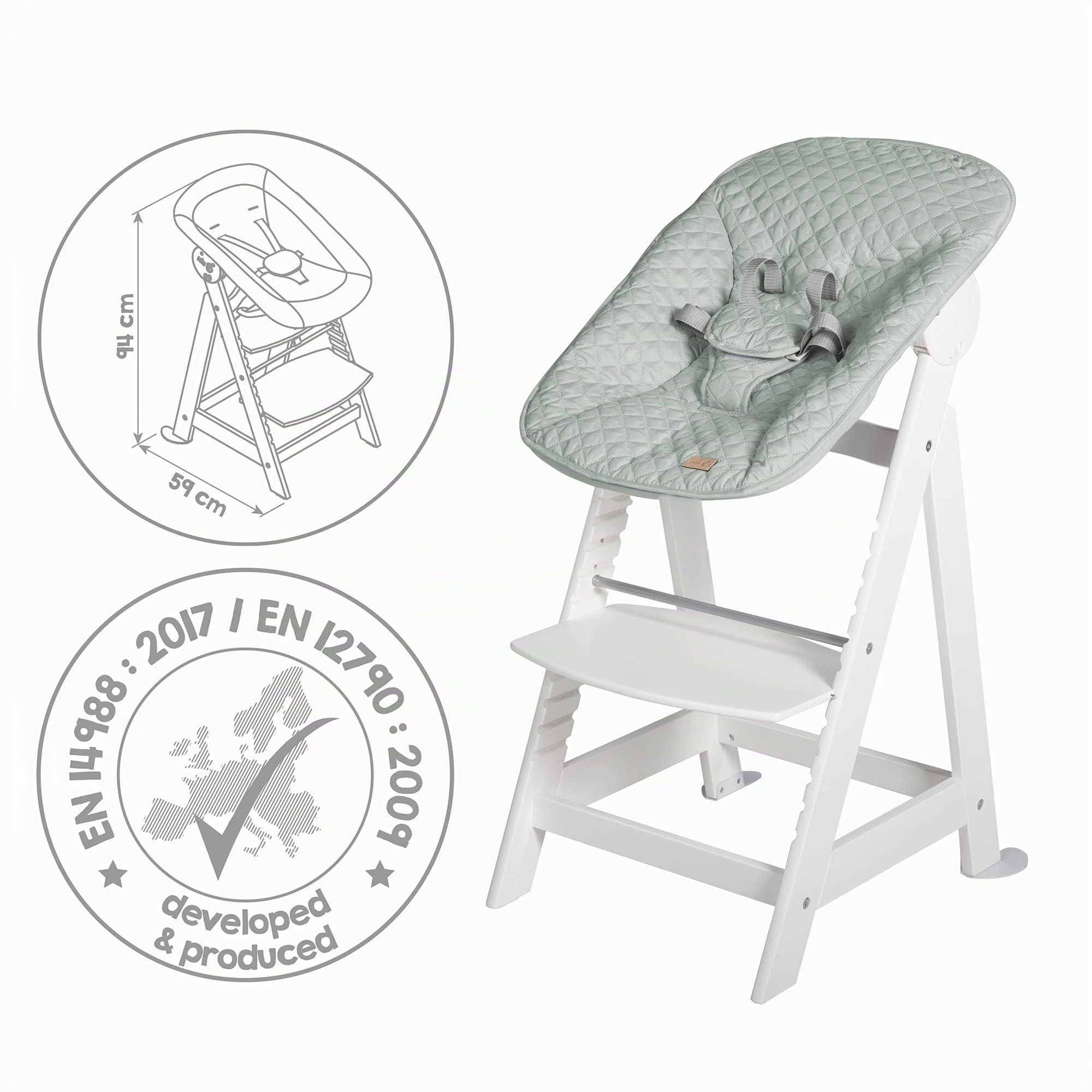 roba Seggiolone Evolutivo Born Up 2in1, Sdraietta roba Style Verde Ghiaccio Reclinabile, Fodera Impermeabile, Altezza Regolabile, Robusto e Resistente, Ergonomico, fino ai 70 kg, Legno Laccato Bianco
