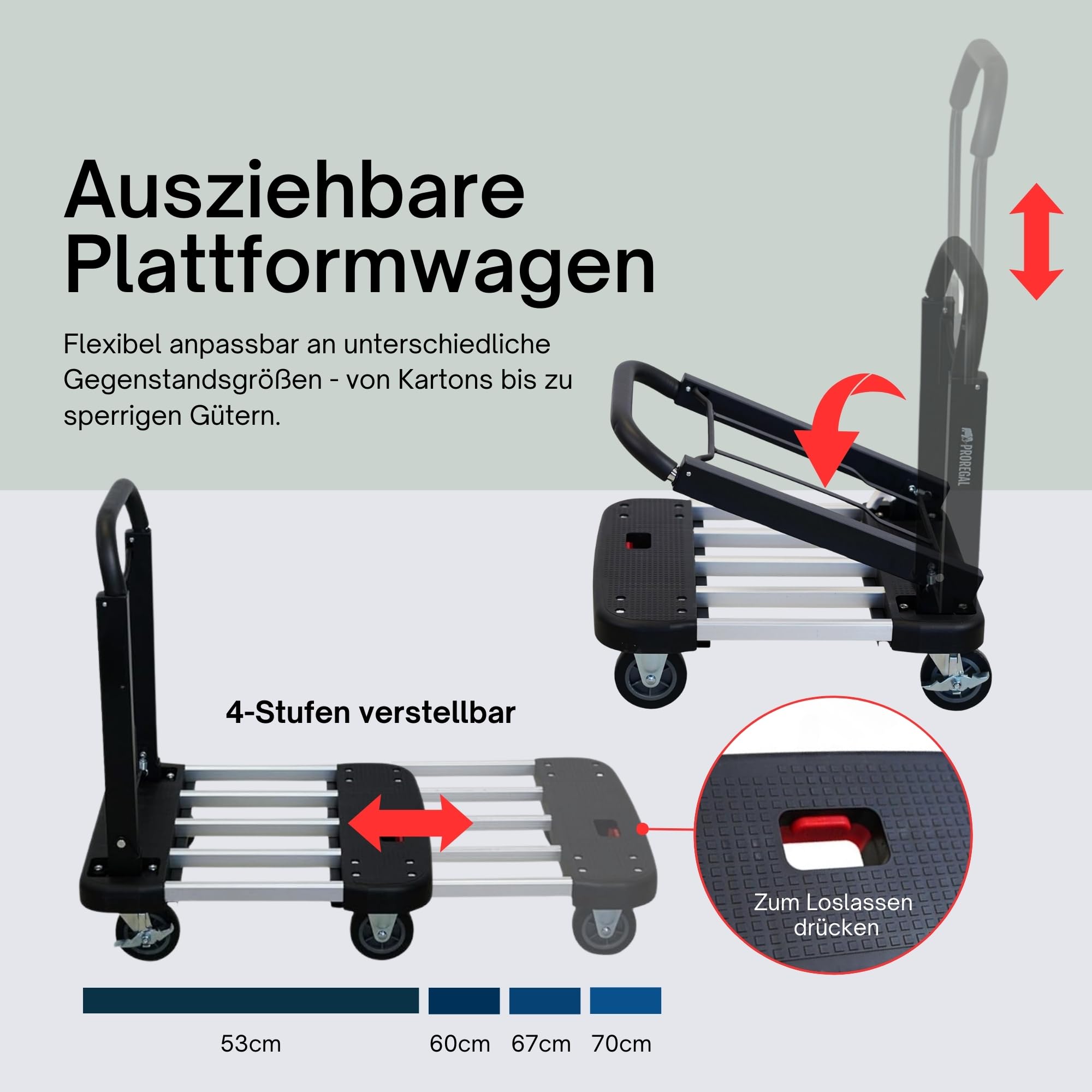 PROREGAL Klappbarer Profi-Transportwagen Taurus 150 | HxBxT 97x46x76cm | Traglast 150kg | Höhenverstellbarer Griff | Plattformwagen Transporthilfe Klappwagen Paketwagen Lagerwagen