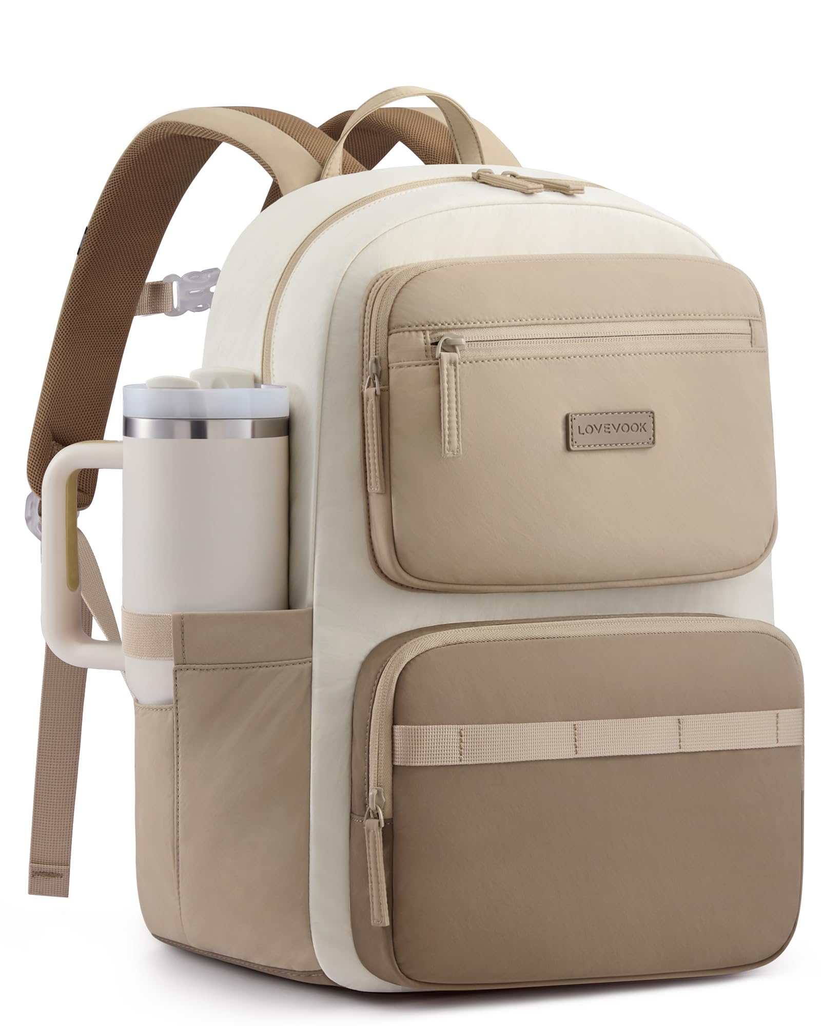 Lovevook Backpack Womens, School Bag for Girls, 15.6 Inch Laptop Backpacks | Lightweight Ladies Work Rucksack Bags for Women, Waterproof Back Packs for College Uni Travel with Large Cup Pocket, Khaki