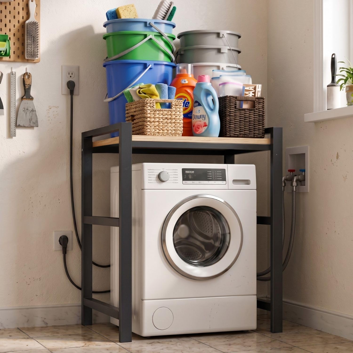 FFO Classic Space Saving Washing Machine Storage Rack, Height Adjustable Dryer Rack with Washing Machine and Dryer Storage Rack, Space Saving - Black Frame with Brown top-image-20