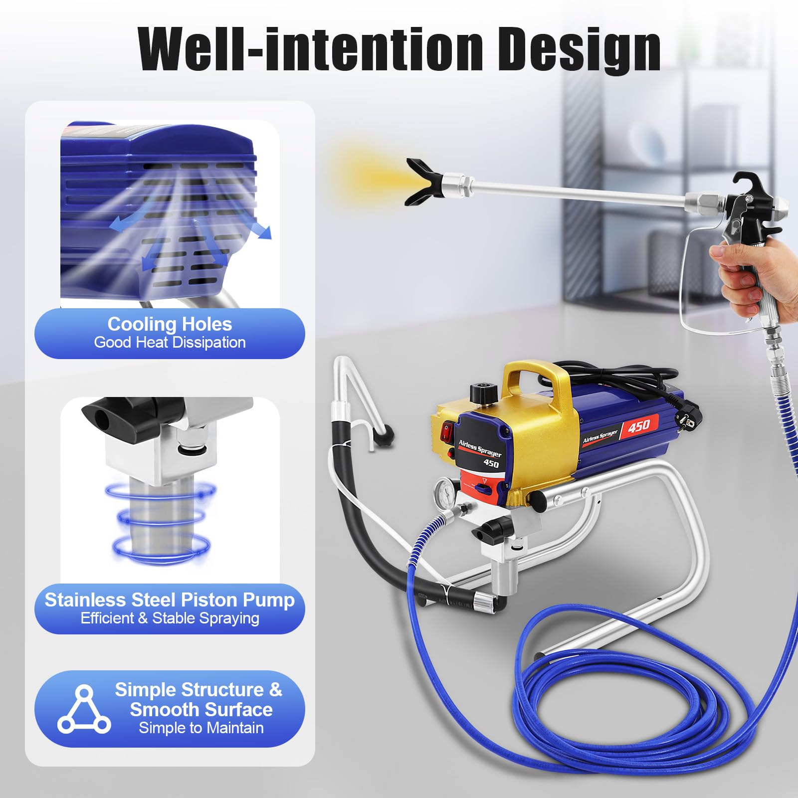 Airless verfspuitapparaat, 1500 W, verfspuitsysteem, machine met 8 m slang, 2,2 l/min, spuitlakmachine, hogedruk verfspuitsysteem, Wall Pait voor muurverf, lazuurverf en lazuurverf