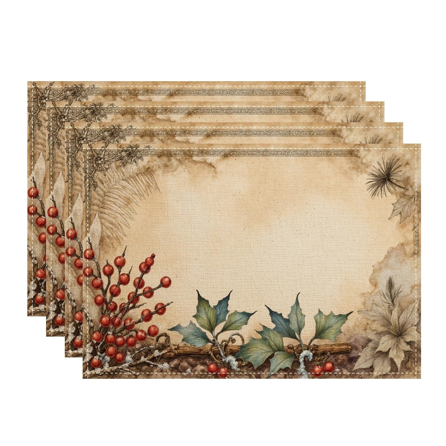 Christmas Holly Berries Placemats, Rustic Botanical Place Mats for Dining Table, Winter Holiday Non-Slip Washable Decorative Placemat Set of 4