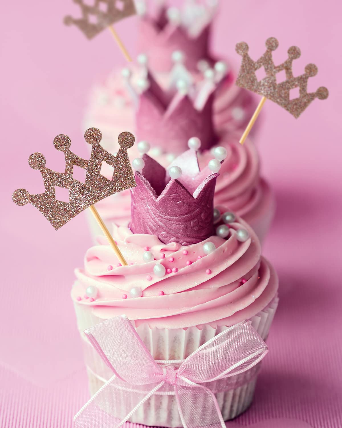 HiDori Kronen-Cupcake-Topper – 24 Stück, Gold-glitzernd, Mit Zahnstocher, Für Prinzessinnen-Partys & Feste