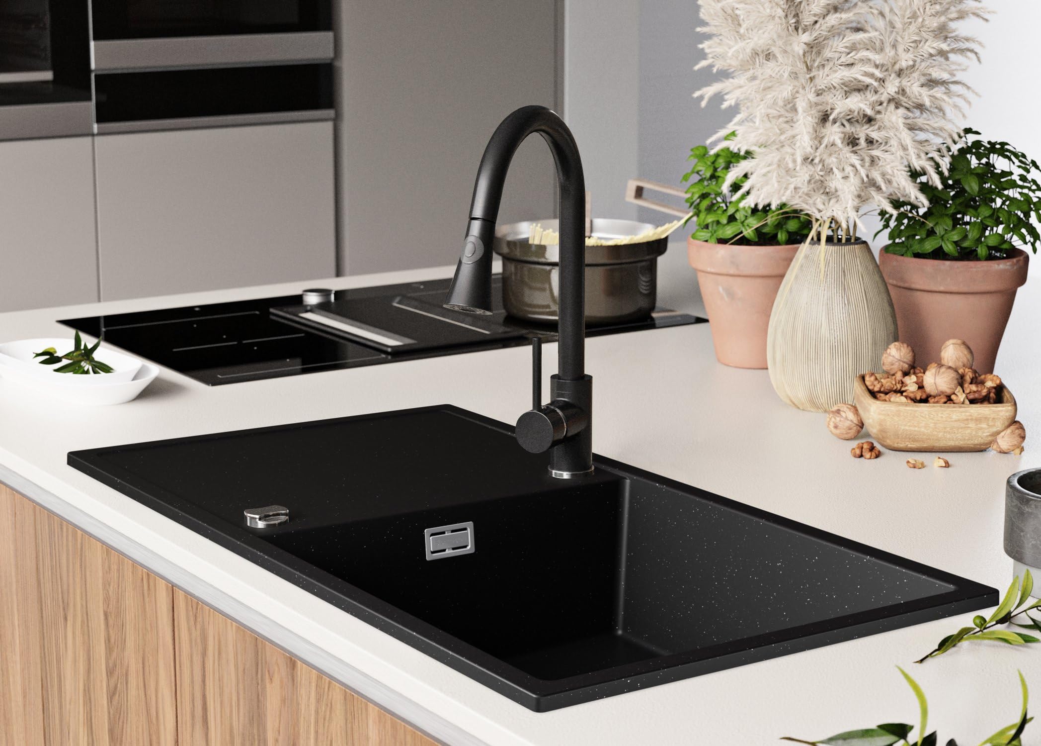 PRIMAGRAN Evier Cuisine en Granit au Meuble 60cm + Kit de Vidage, 90x50cm