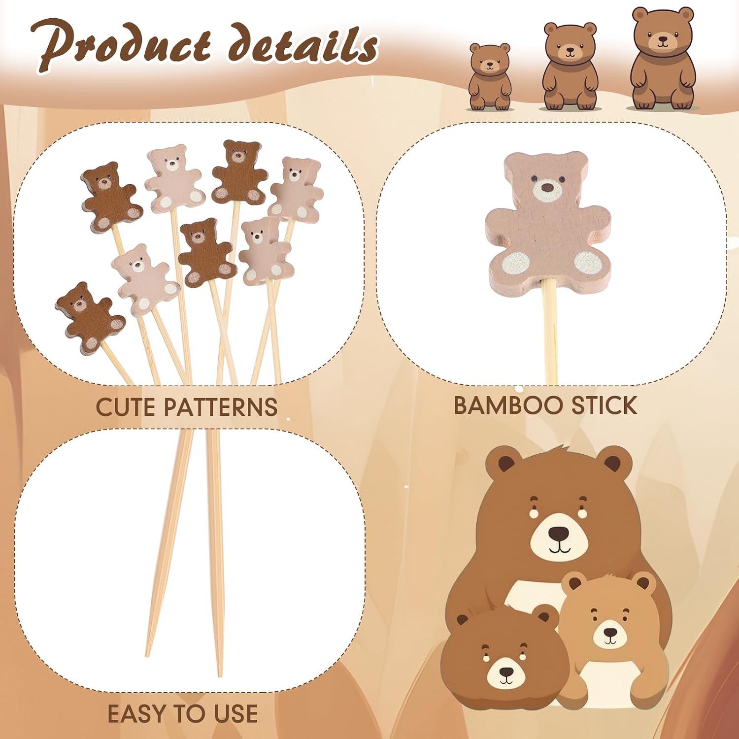 WILLBOND 200 Pcs Bear Cocktail Picks Bamboo Fruit Forks for Party Supplies