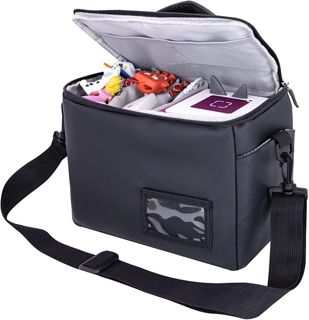 Outdoor Carry Bag Organiser Figures Storage Bag for Tonie Music Boxes, Toniebox Starter Set, with Shoulder Strap, Suitable for Toniebox and Tigerbox, Travel Bag, Figures (Black Leather)