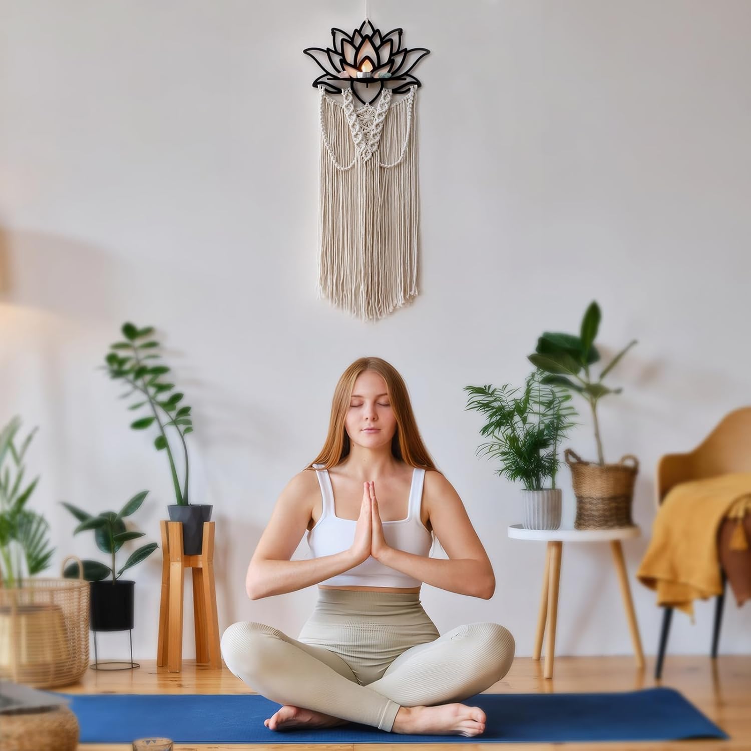 Artilady Macrame Wall Hanging Lotus Dream Catcher Yoga Wall Decor Macrame Wall Art for Bedroom Living Room Bathroom Lotus Flower Decor for Aroma Candle Photo Frames Plant