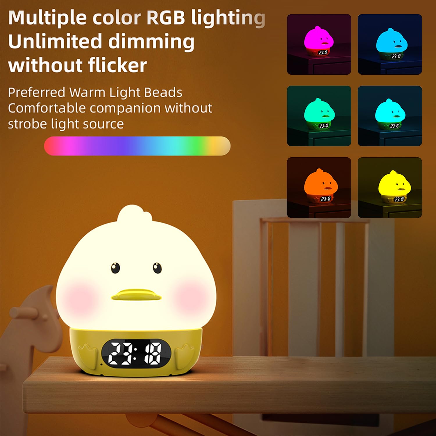 RUISHINE Alarm Clock Lights for Kids-Duck Night Lights,Temperature Display,RGB Color Changing, Wake up Timer, Rechargelable Touch Lamp for Breastfeeding,Silicone Baby Nursery Nightlight Duck