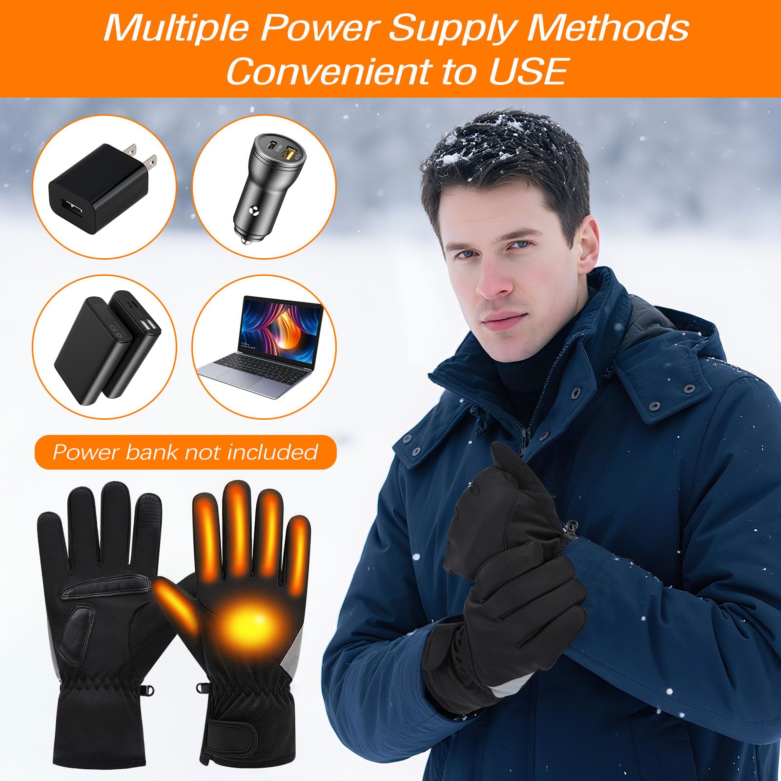 Gants Chauffants USB Électriques All-round Heating Gant Chauffant Fin Velo, Écran Tactile Antidérapant Gants Chauffants avec 3 Niveaux de Chaleur, Doublure Thermique pour Courir, Marcher, Conduire
