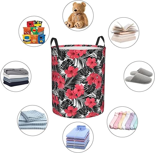 Miniatura 6 de Cesta circular de hibisco rojo para la ropa sucia cesta de lavandería plegable cesta de almacenamiento circular bolsa de ropa con asas organizador