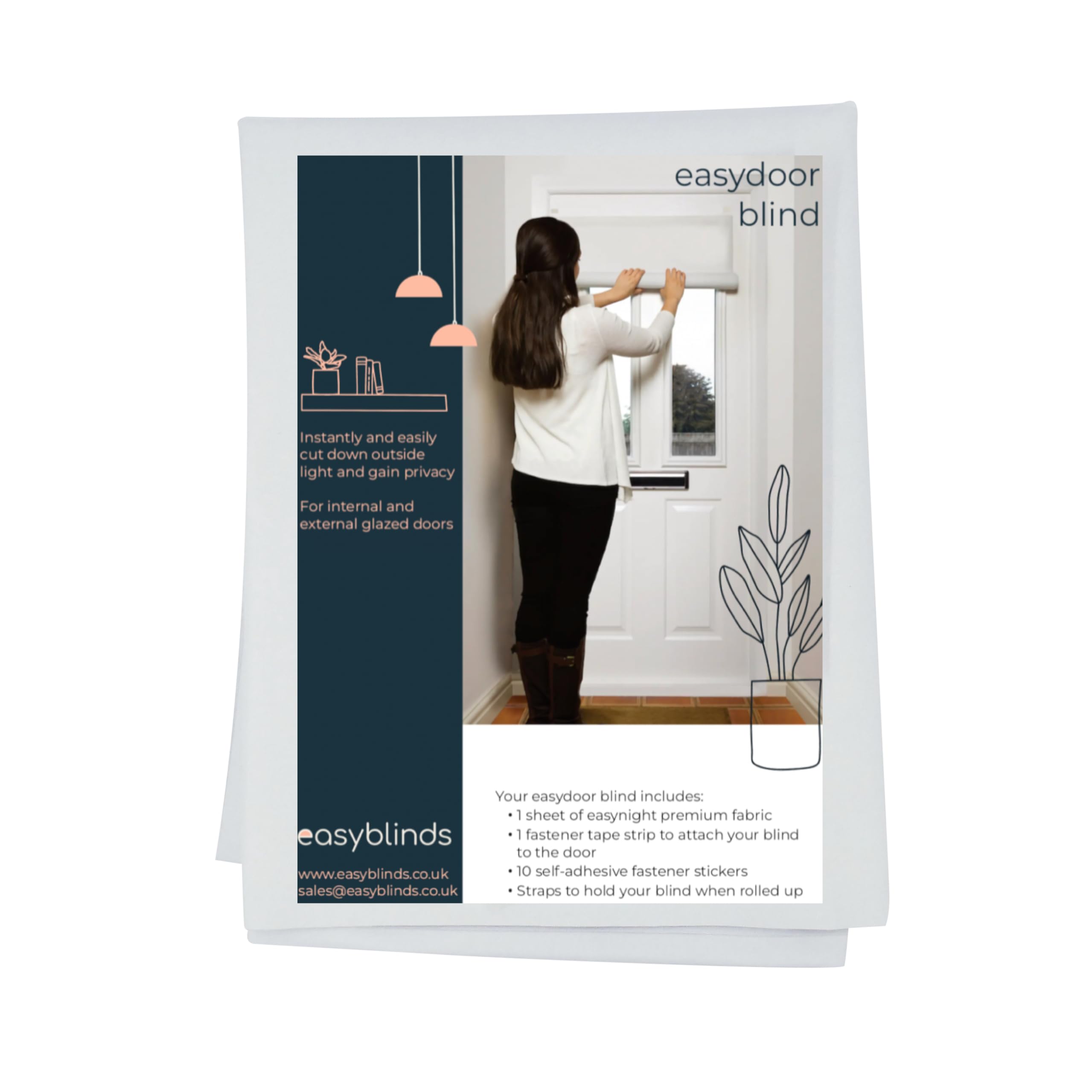 Easyblinds Easydoor blind for glazed doors, quick fix instant blind, self-adhesive attachments, cut to size and shape as required (White, Half door narrow width (60 x 110cm))