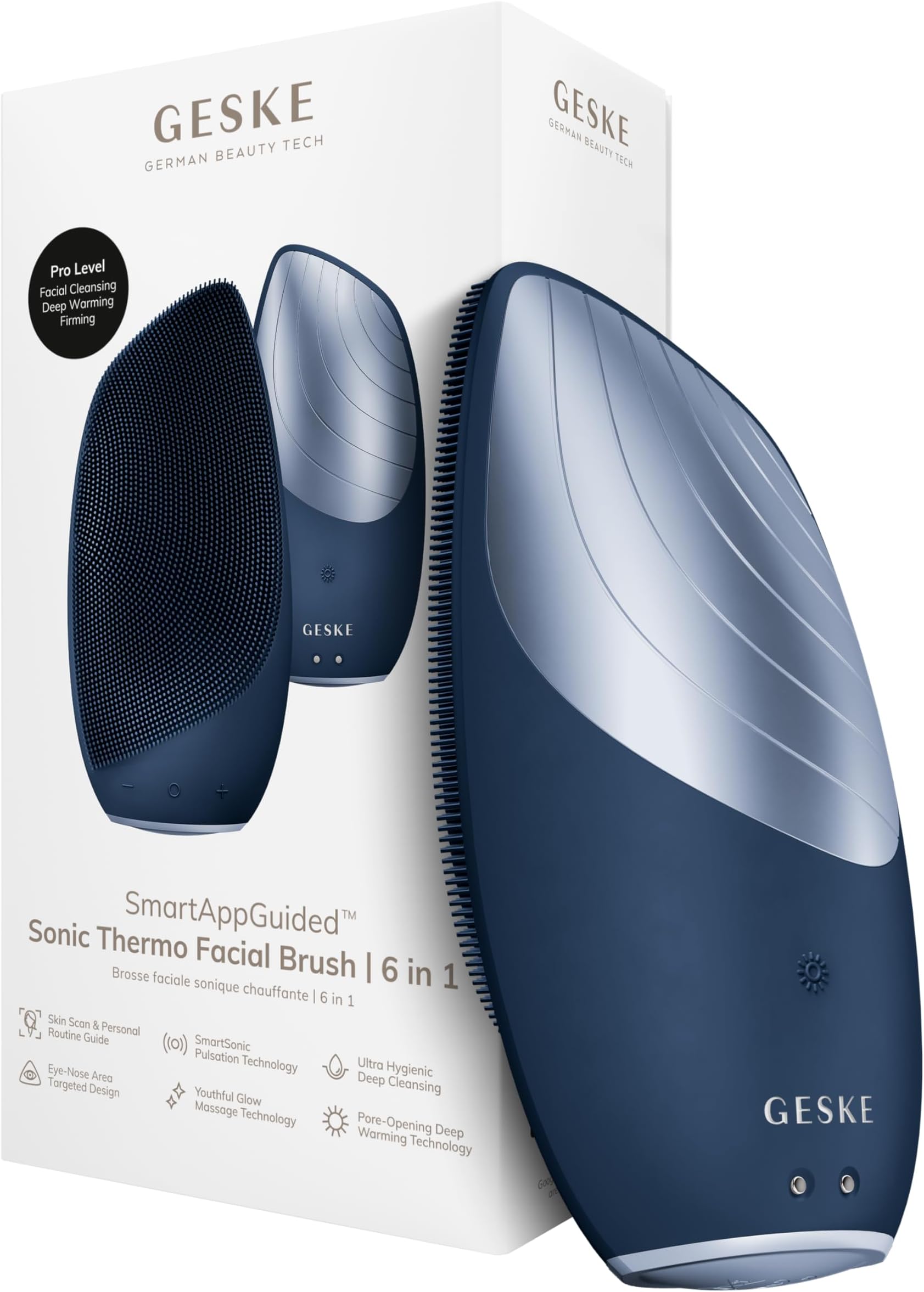 GESKE SmartAppGuided Sonic Thermo Facial Brush | 6 in 1 | Skin Cleansing | Cleansing Brush with Thermal Function | Electric Facial Massager
