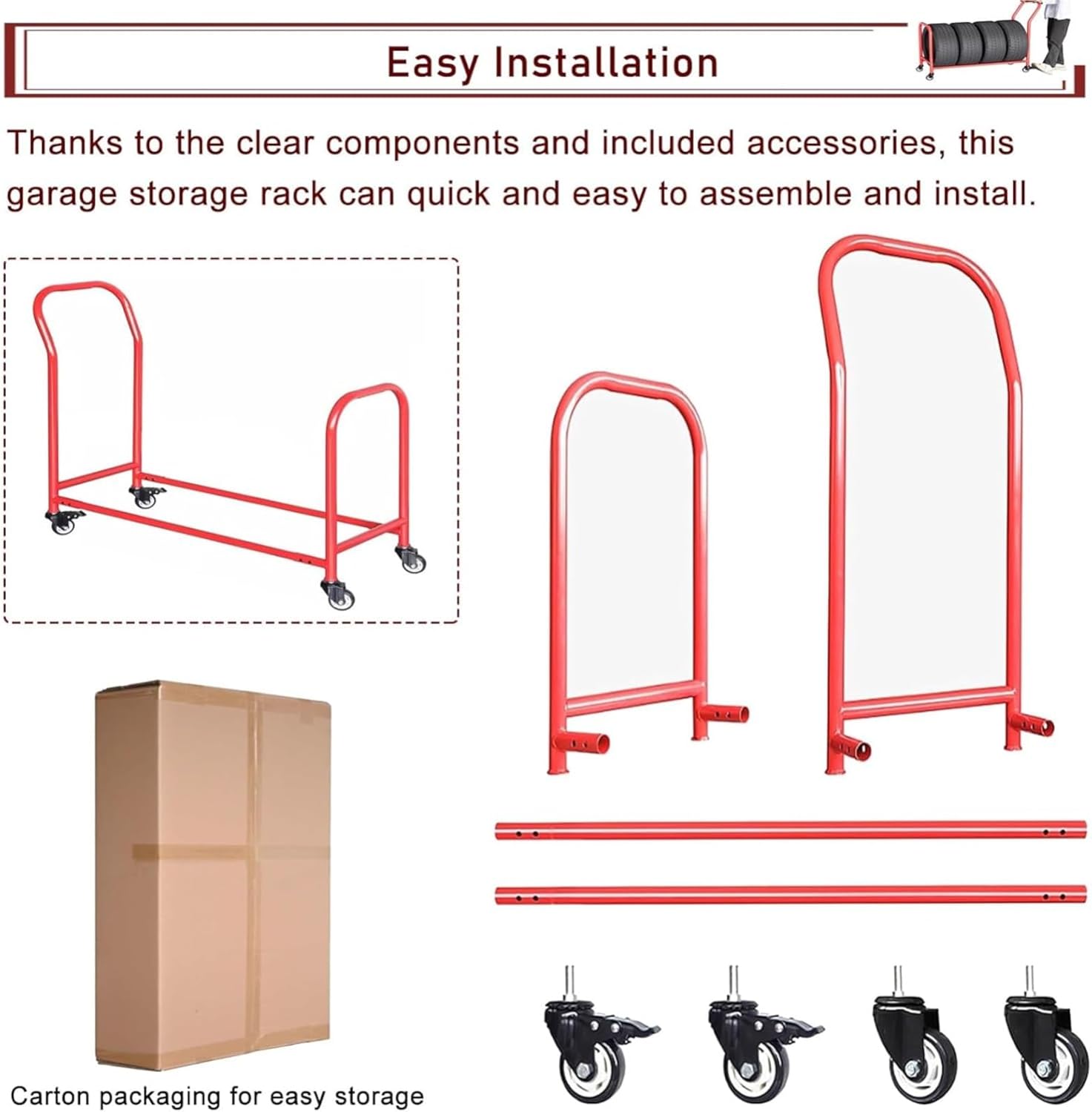Movable Red Tyre Racking with 2 Brake Wheel, Protable 4-tire Display Rack for Repair Shop/Tool Library/Basements