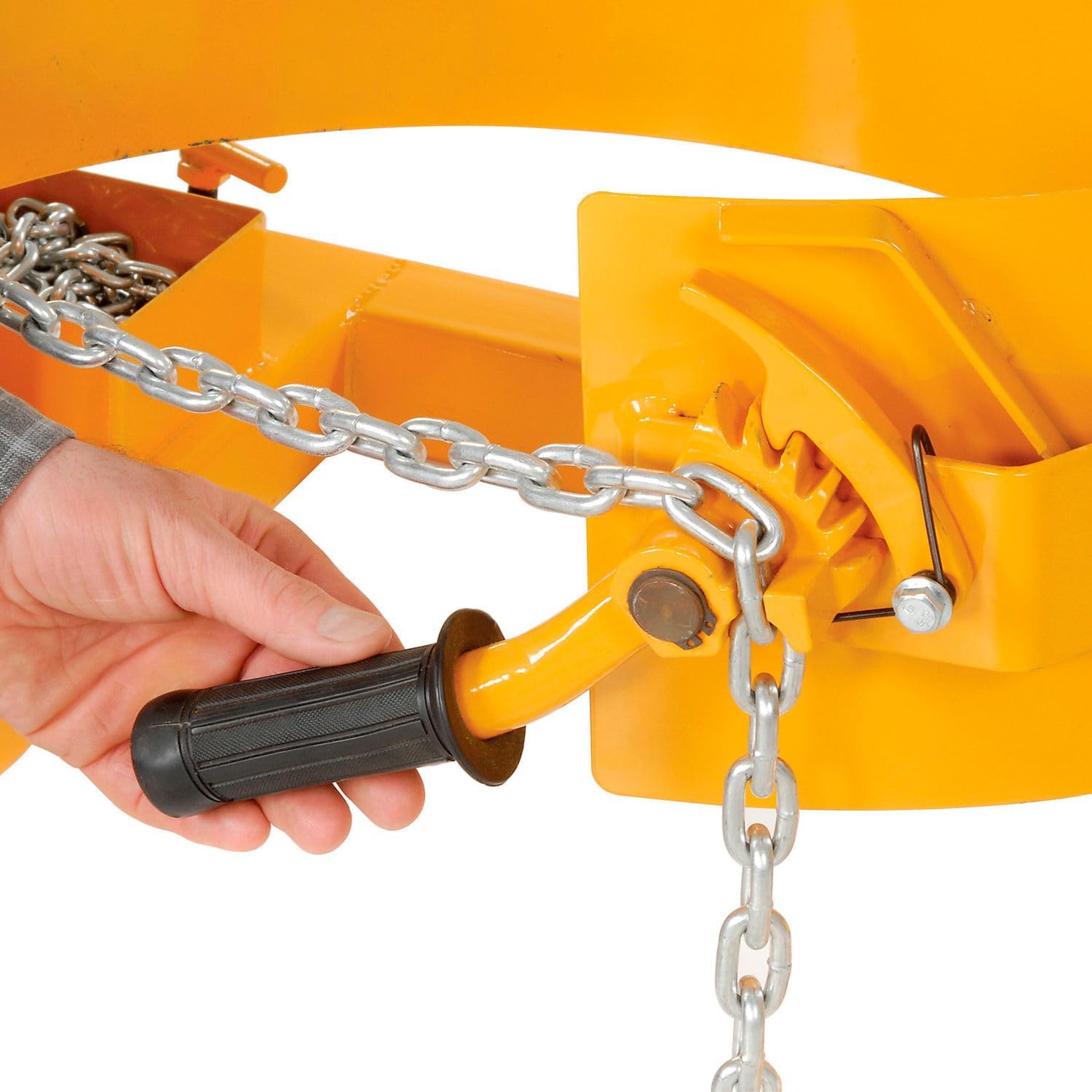 Global Industrial Forklift Tilting Drum Dumper with Pull Chain, 1500 Lbs Capacity,For Use with 55 Gallon Drums, Steel Construction, Yellow Powder Coat Finish