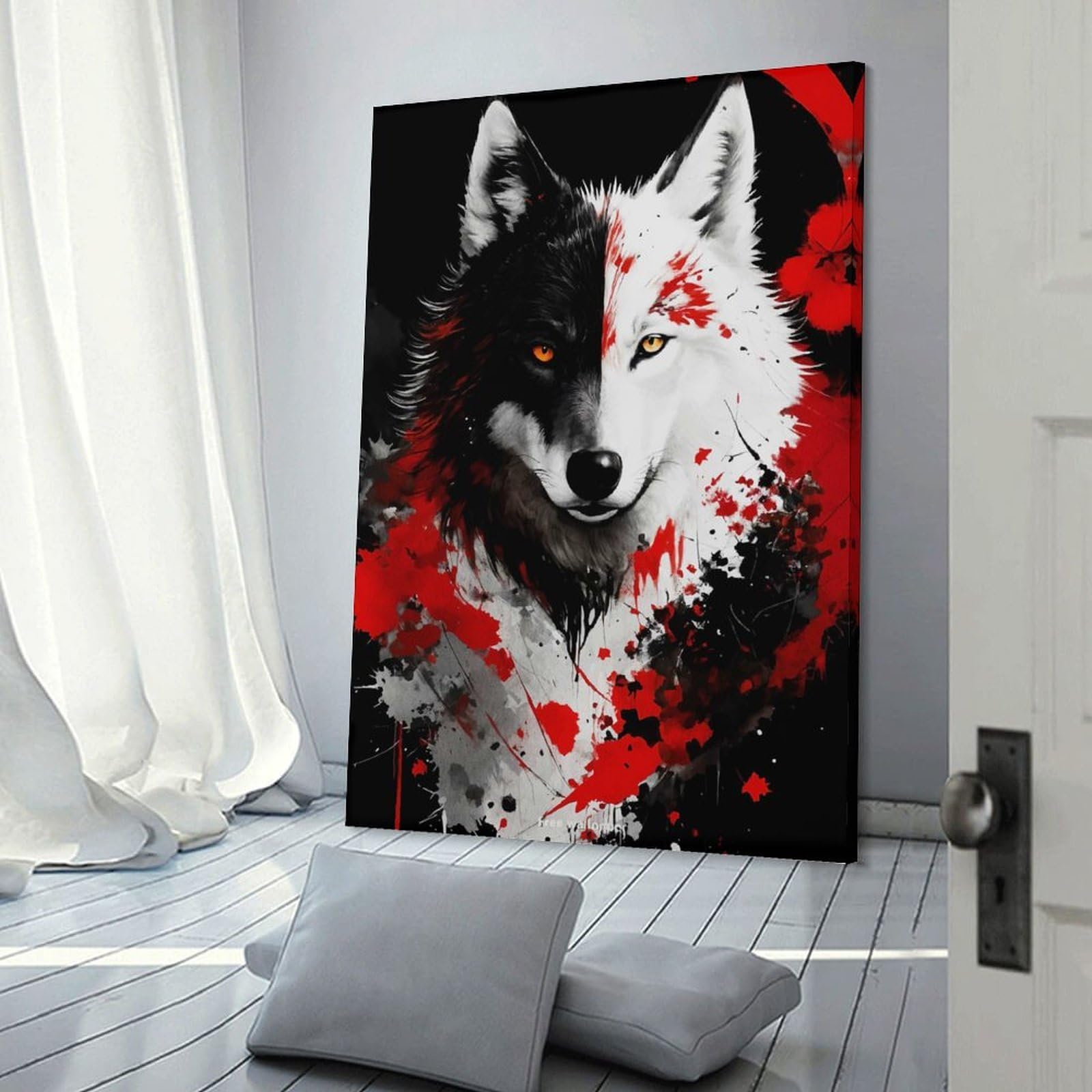 Junmoney Frame-Style-4 Canvas Wall Decor Wolf In Red And Black, 20X30inch(50X75cm), For Flats, Guest Rooms Or Compact Rooms, Wall Decor With Flexible Room Appeal