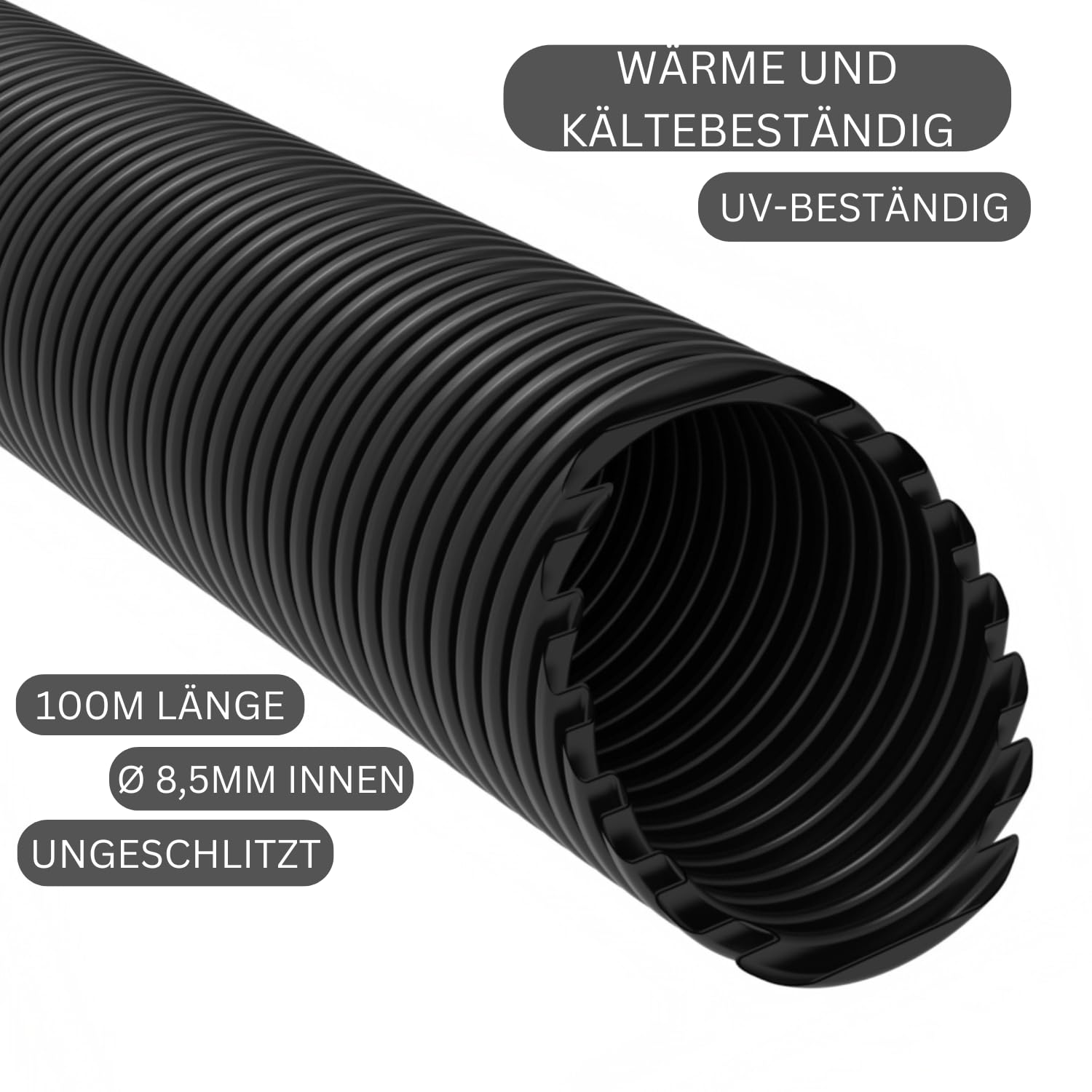 ISTA Tubo corrugato non scanalato, 25/50/100 m, per cavo di terra/tubo corrugato, resistente ai raggi UV/tubo di protezione del cavo/tubo nero (100 m, Ø 8,5 mm interno)